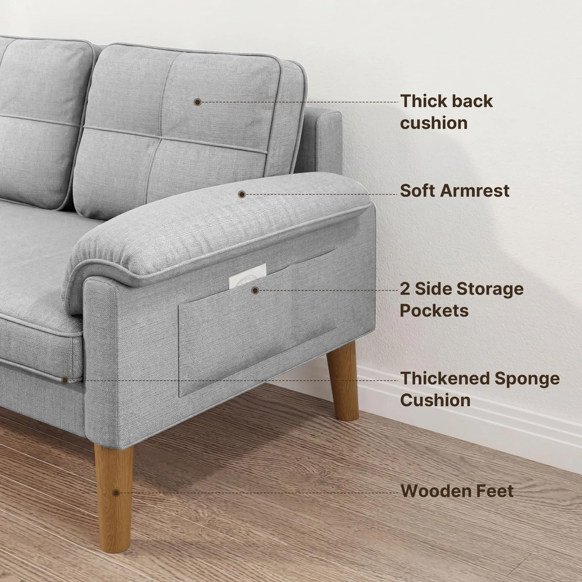 Xbro Divano a 2 Posti con Braccioli e Tasche Laterali, Tessuto, 145 x 77 x 77 cm, Grigio Chiaro - immagine 4