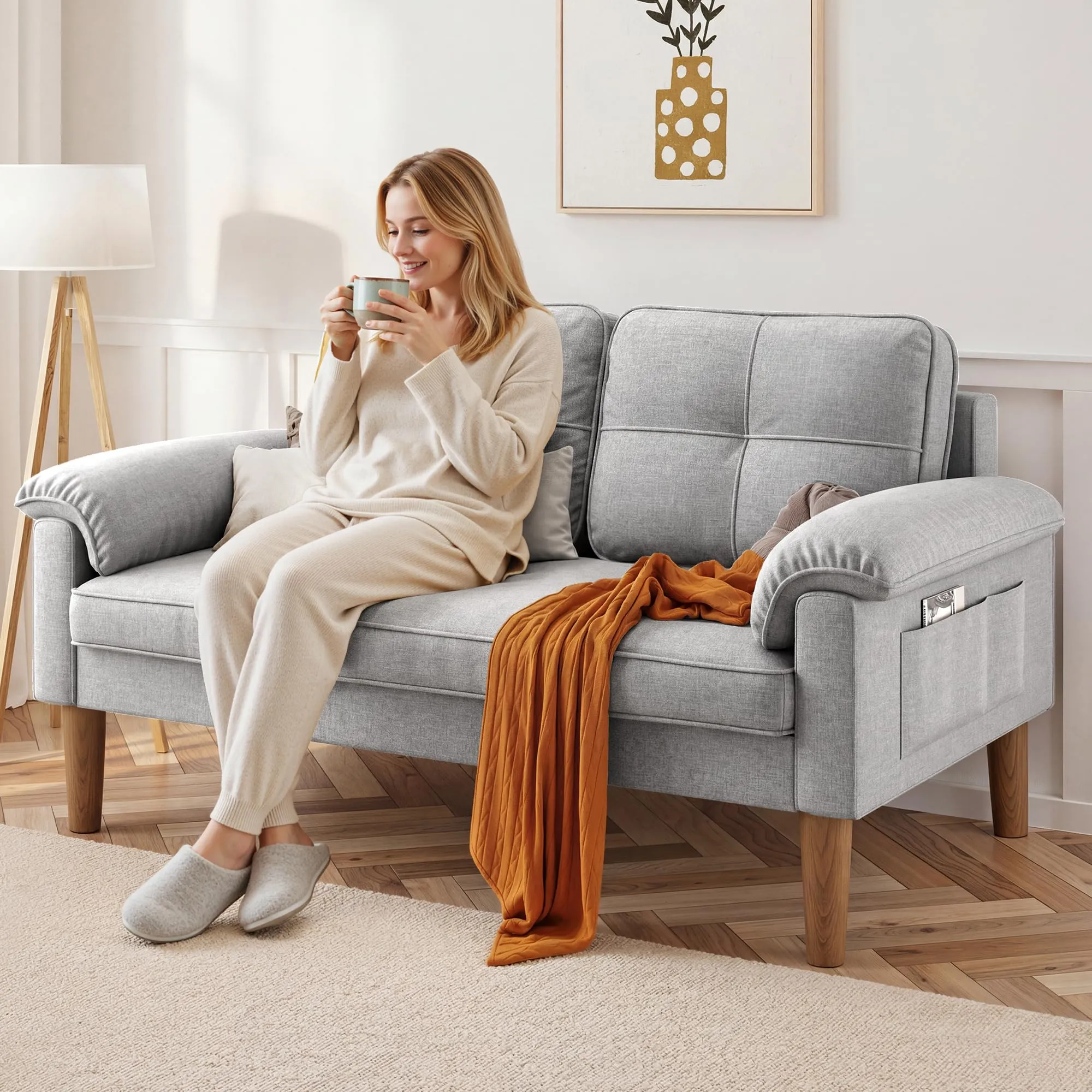 Xbro Divano a 2 Posti con Braccioli e Tasche Laterali, Tessuto, 145 x 77 x 77 cm, Grigio Chiaro - immagine 6