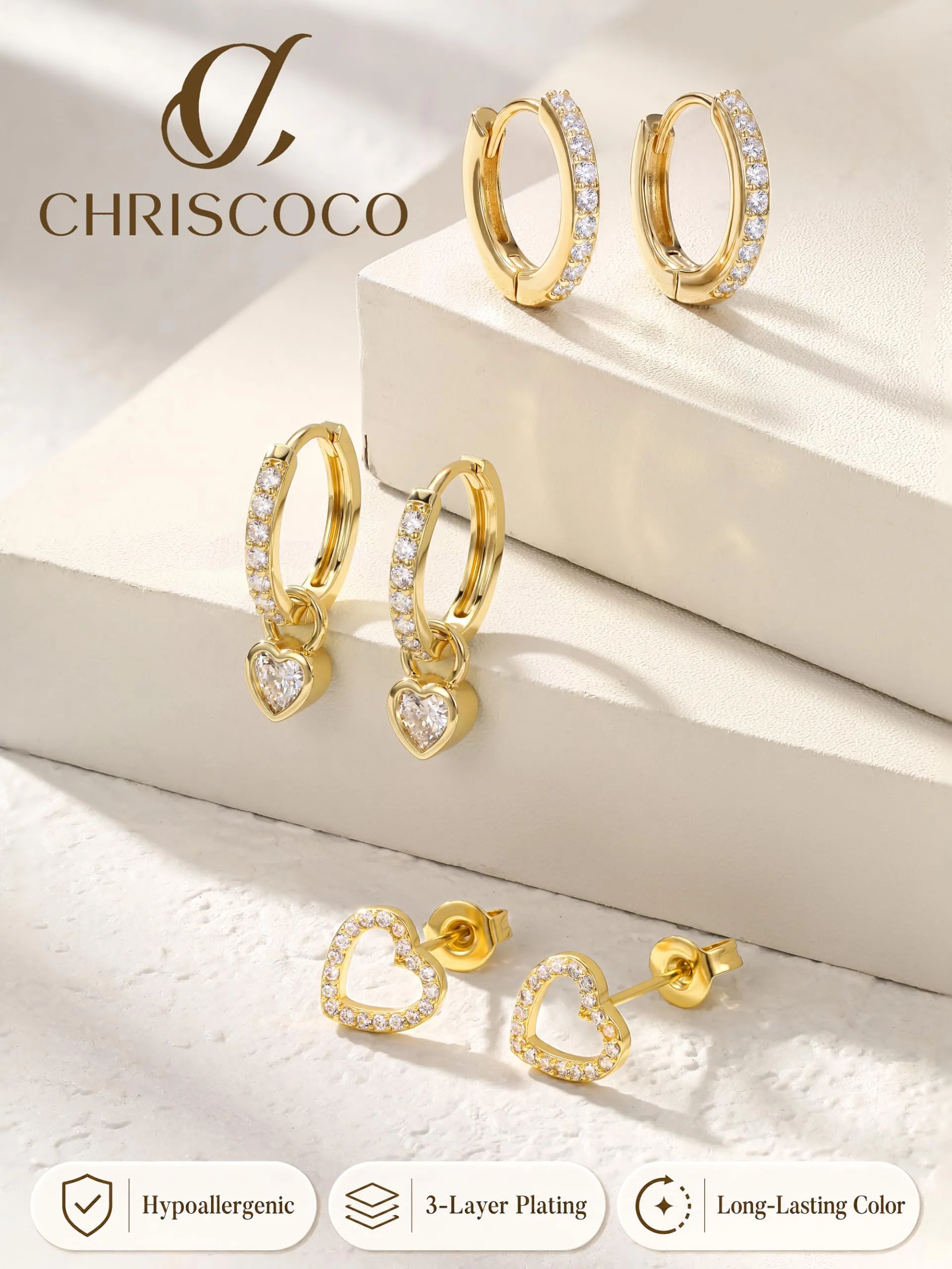Chriscoco Set Orecchini Donna in Acciaio Chirurgico Oro e Argento - immagine 7