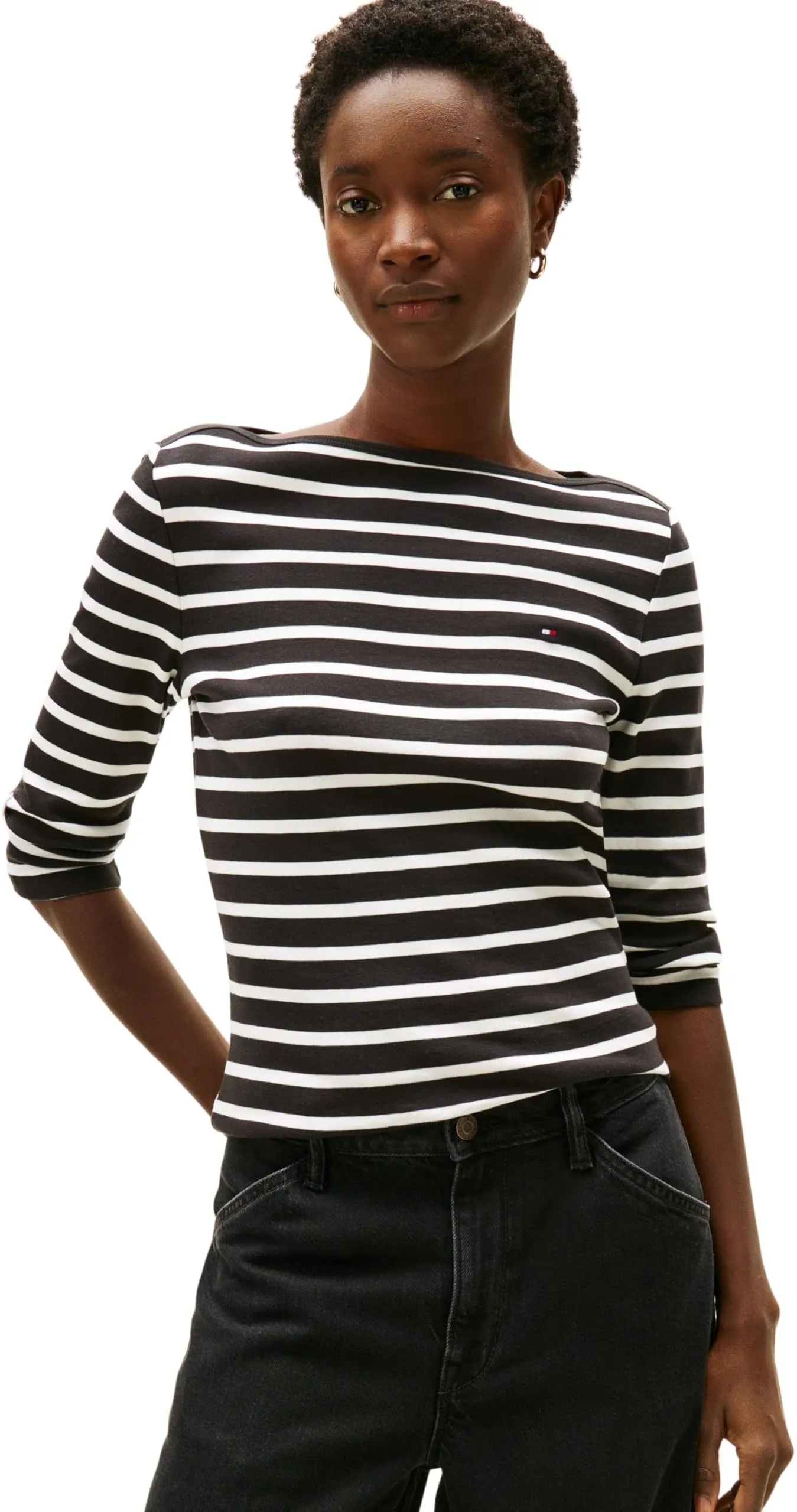 Tommy Hilfiger Donna Maglietta Maniche Lunghe New Cody Slim Scollo a Barca, Nero (Black/Ecru STP), L - immagine 1
