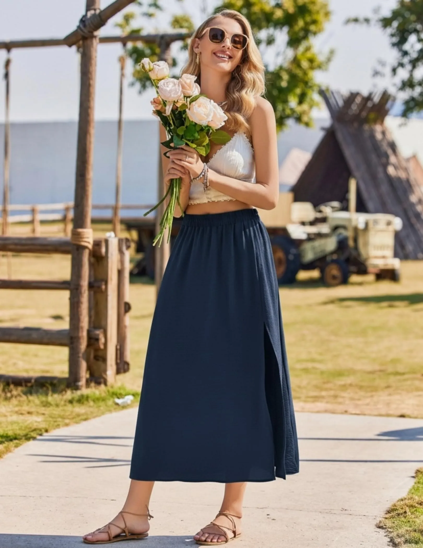 Zeagoo Gonna Maxi in Chiffon a Vita Elastica Blu Scuro XL - immagine 5