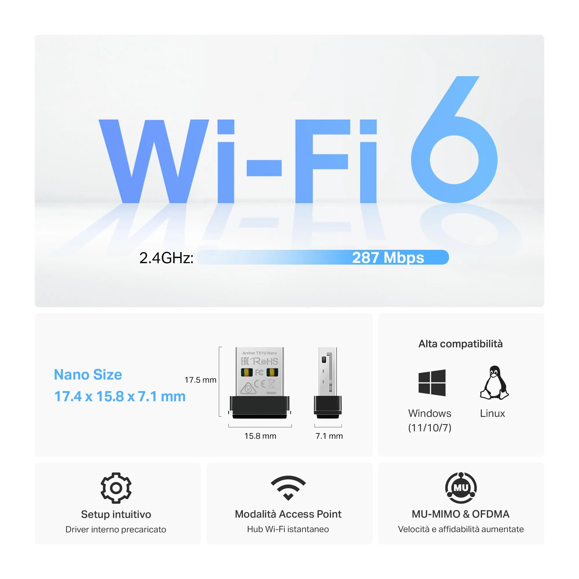 TP-Link Archer TX1U Nano USB Wi-Fi 6 Adapter AX300Mbps MU-MIMO - immagine 2