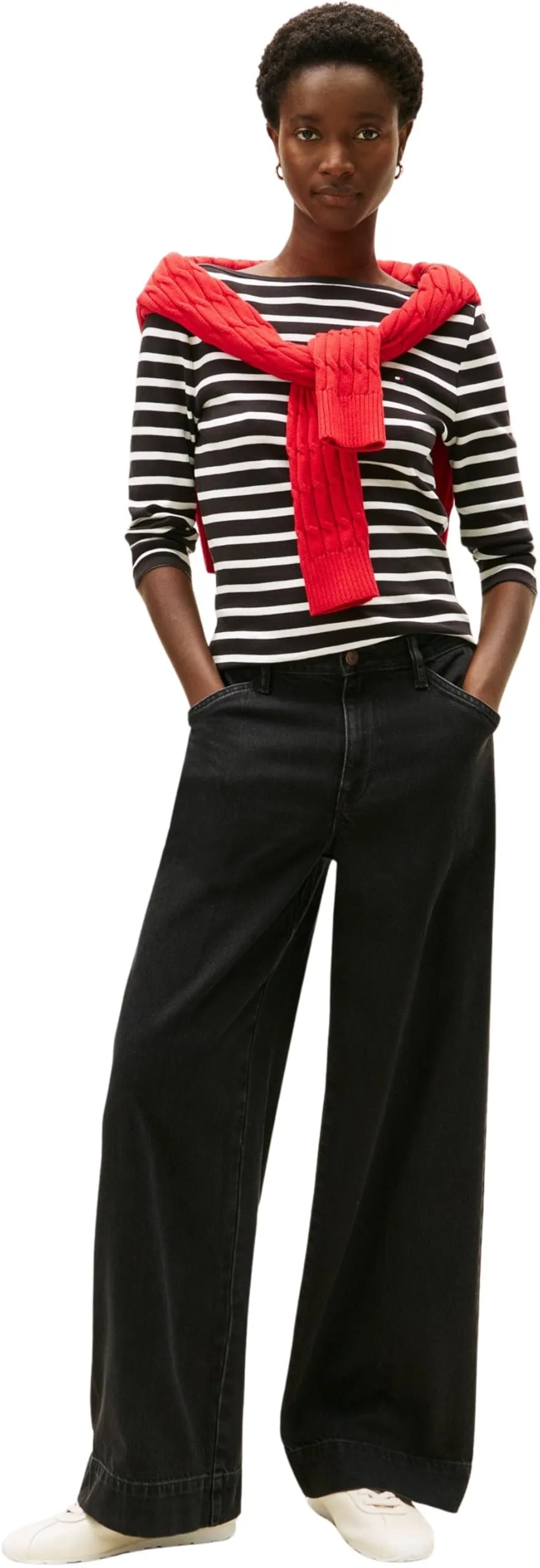 Tommy Hilfiger Donna Maglietta Maniche Lunghe New Cody Slim Scollo a Barca, Nero (Black/Ecru STP), M - immagine 5