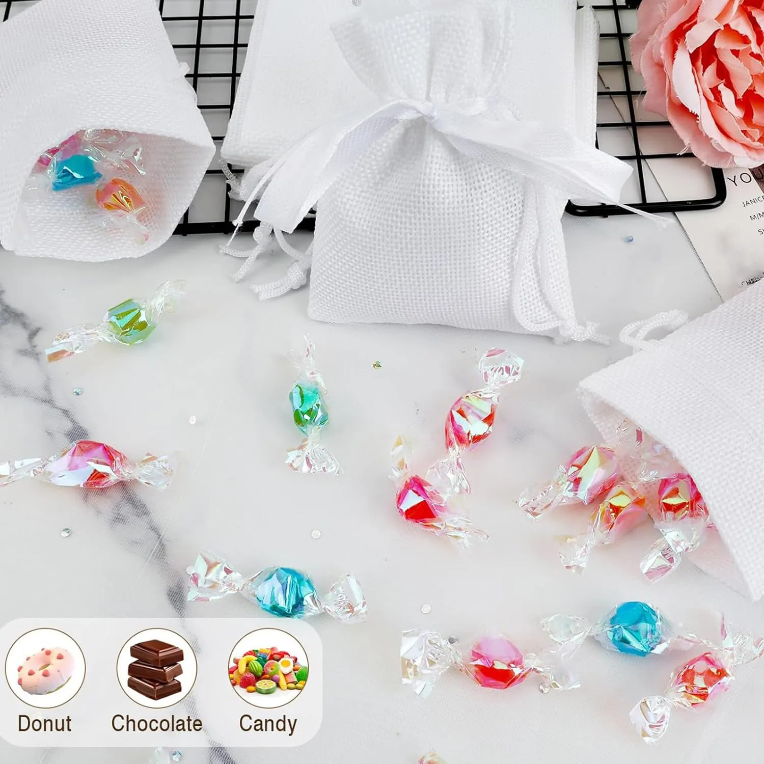 MEISO Sacchetti in Juta con Nastro Raso, 30 Pezzi, Bianco - immagine 4