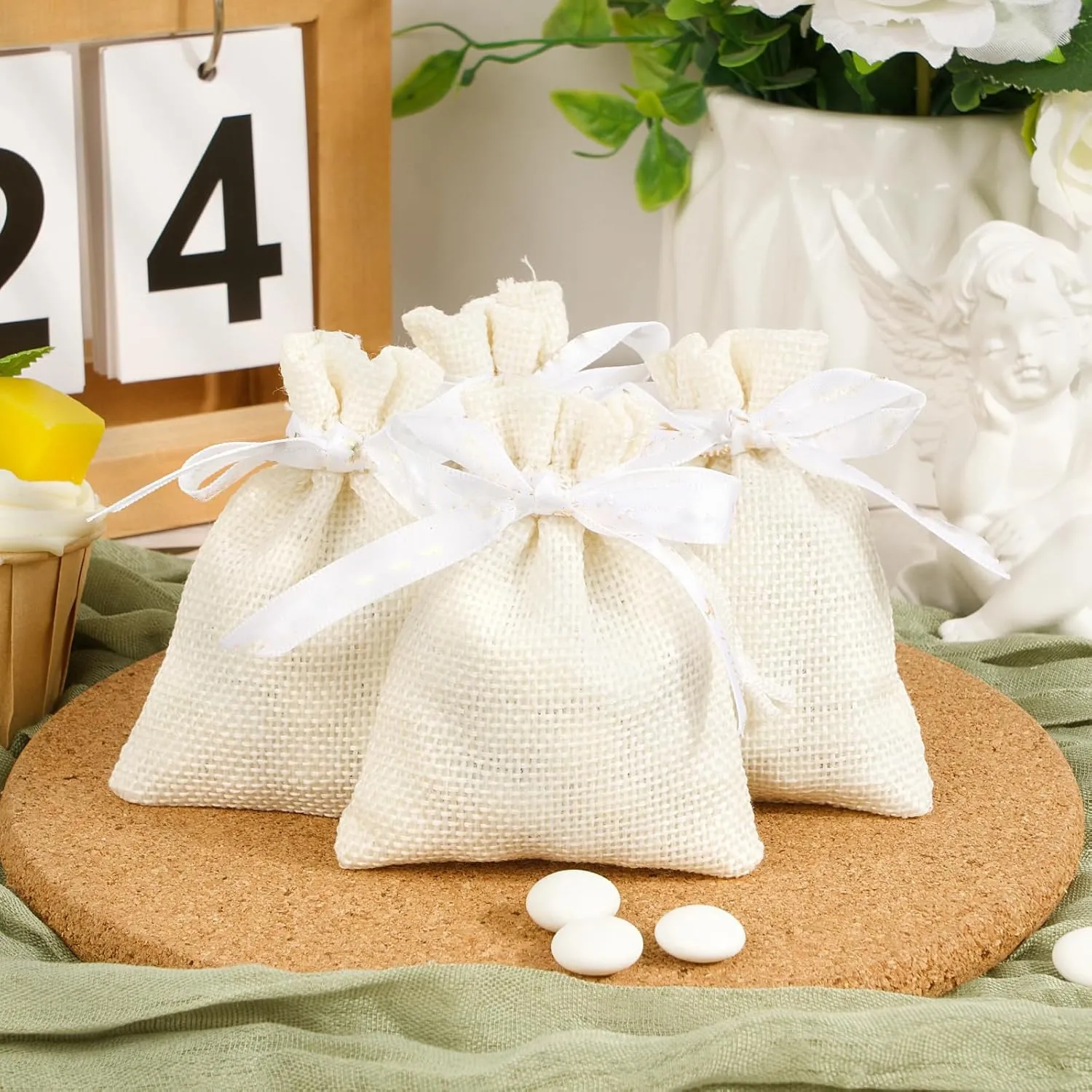 MEISO Sacchetti in Juta con Nastro Raso, 30 Pezzi, Bianco - immagine 5