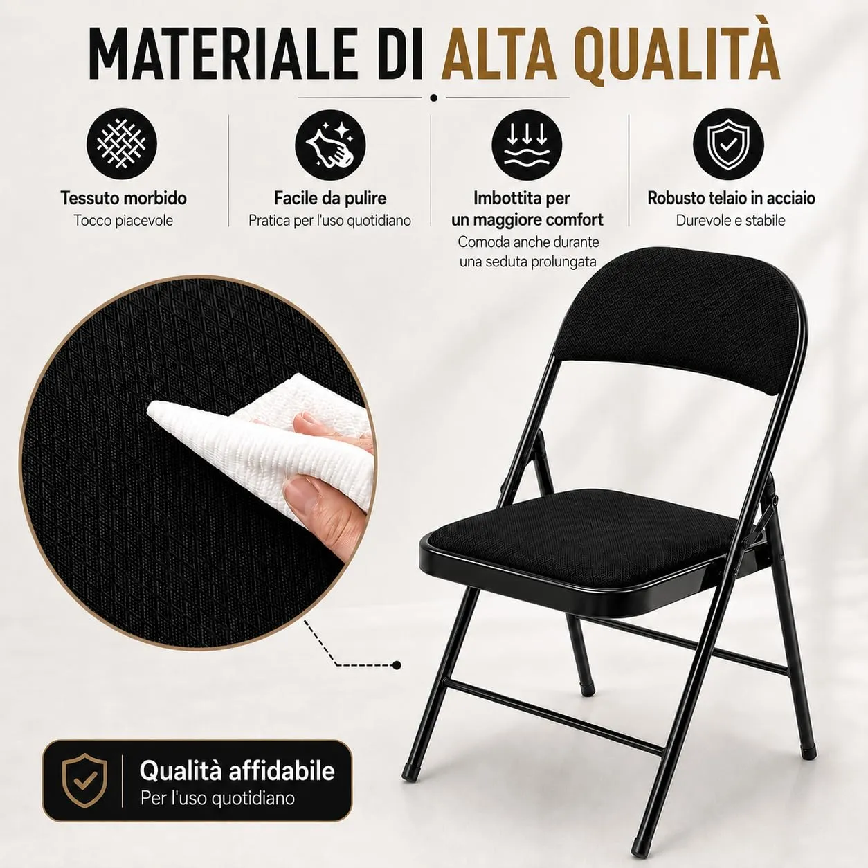 Asdsed Set di 4 Sedie Pieghevoli Imbottite, Nero - immagine 3