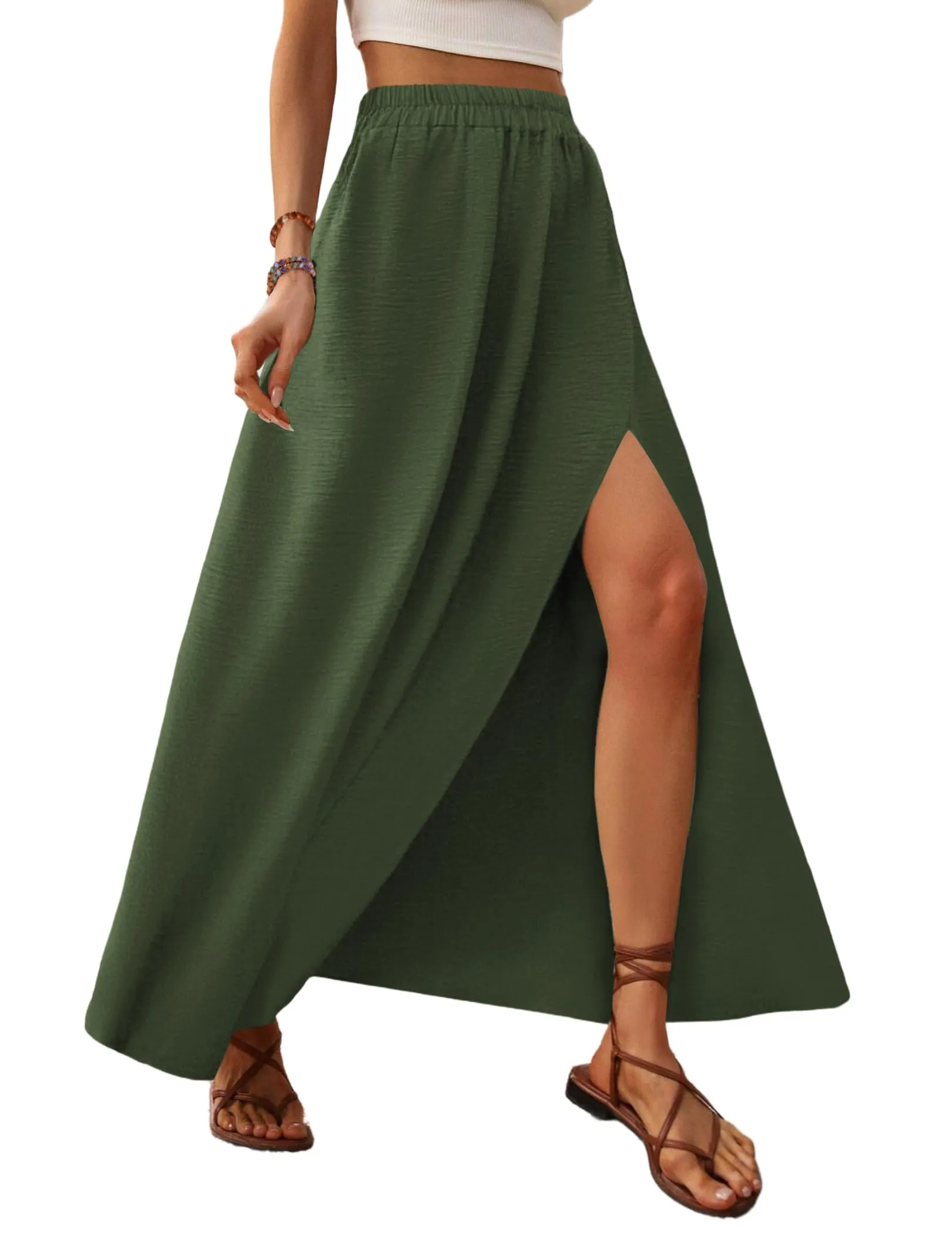 Zeagoo Gonna Lunga con Spacco Midi a Vita Alta in Chiffon, Verde Militare, XL - immagine 1