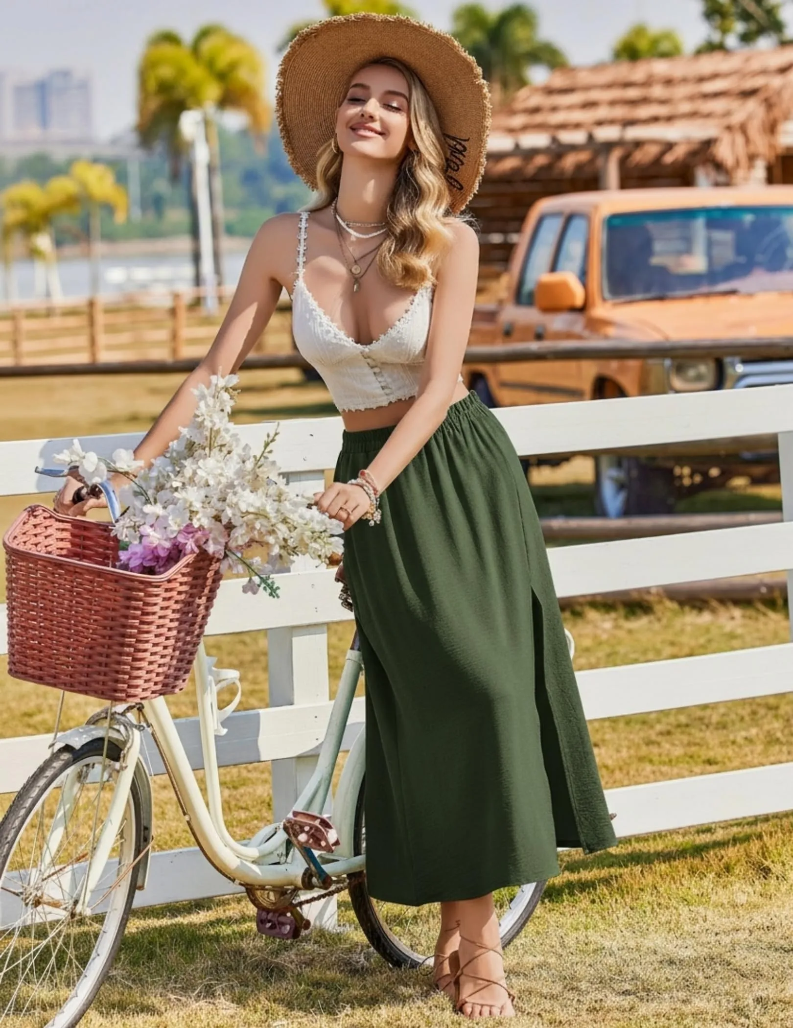 Zeagoo Gonna Lunga con Spacco Midi a Vita Alta in Chiffon, Verde Militare, XL - immagine 2
