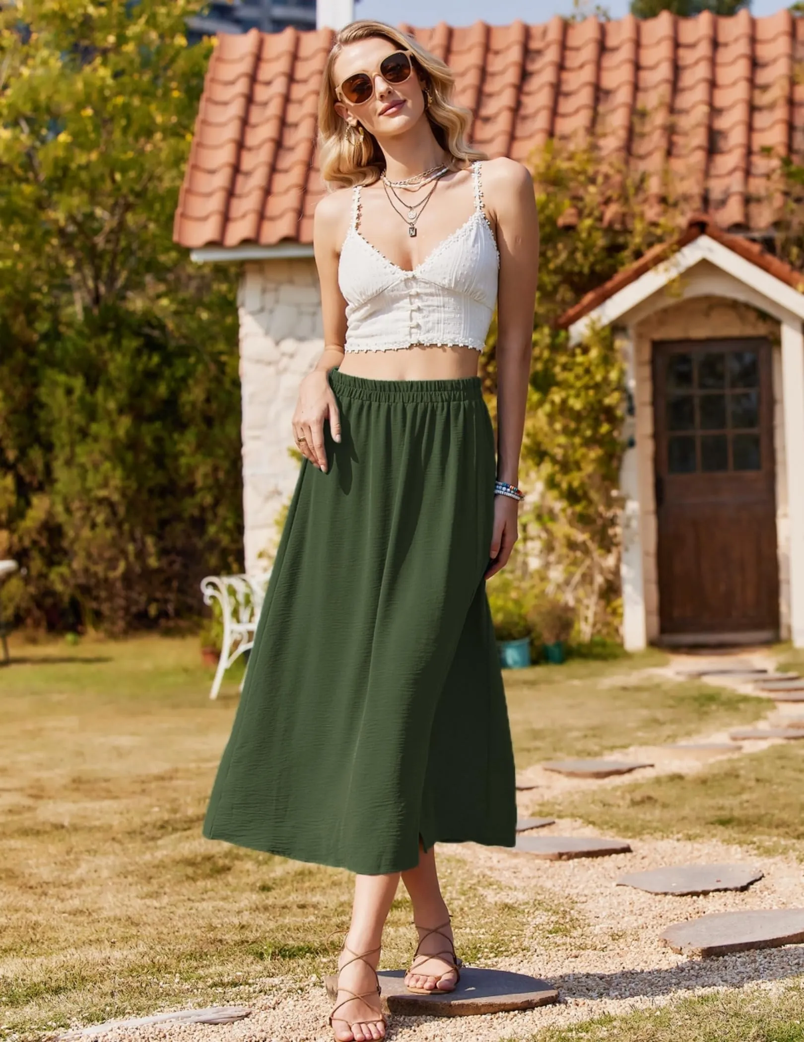 Zeagoo Gonna Lunga con Spacco Midi a Vita Alta in Chiffon, Verde Militare, XL - immagine 5