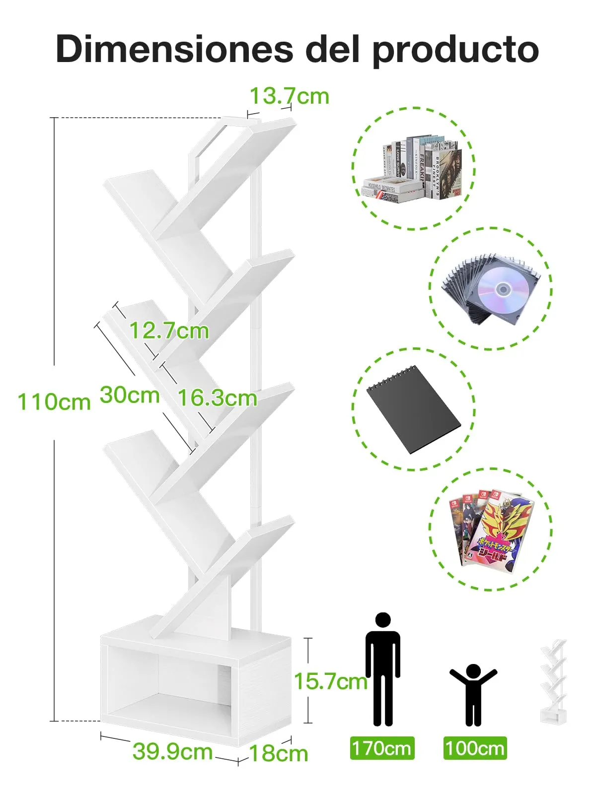Coleshome Libreria ad Albero, Scaffale a 6 Ripiani, 110cm, Bianco - immagine 3