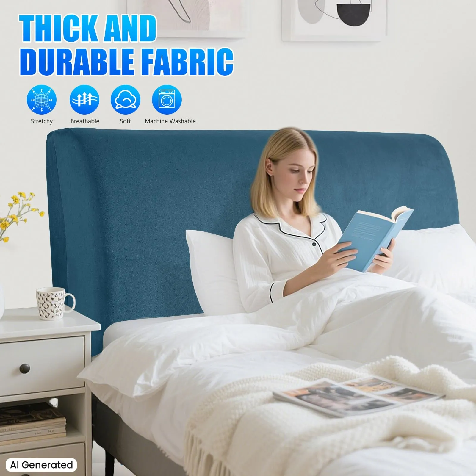 CYCMACO Copri Testata Letto Universale in Velluto, 120cm, Blu Pavone - immagine 2