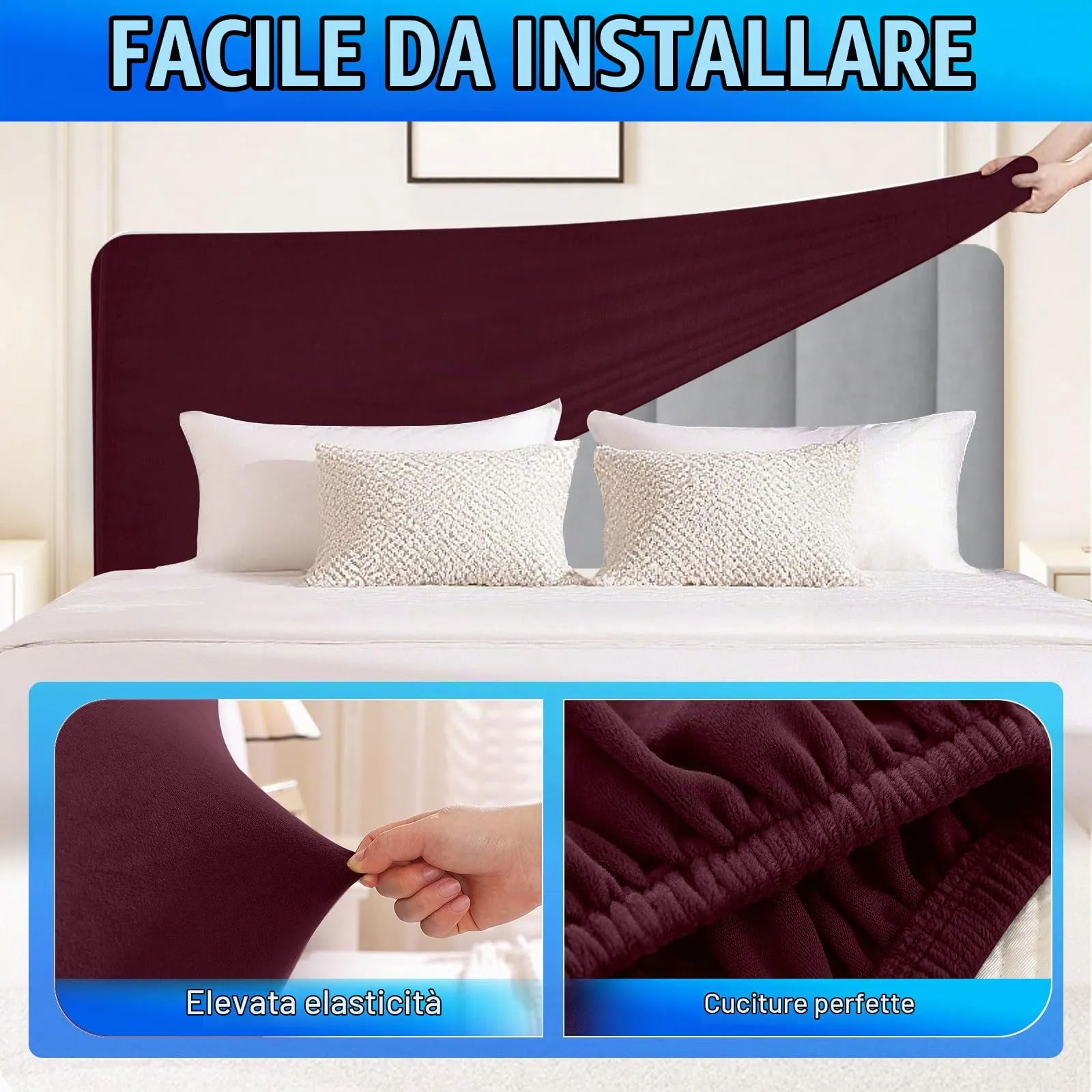 CYCMACO Copri Testata Letto Universale in Velluto, 120cm, Bordeaux - immagine 5