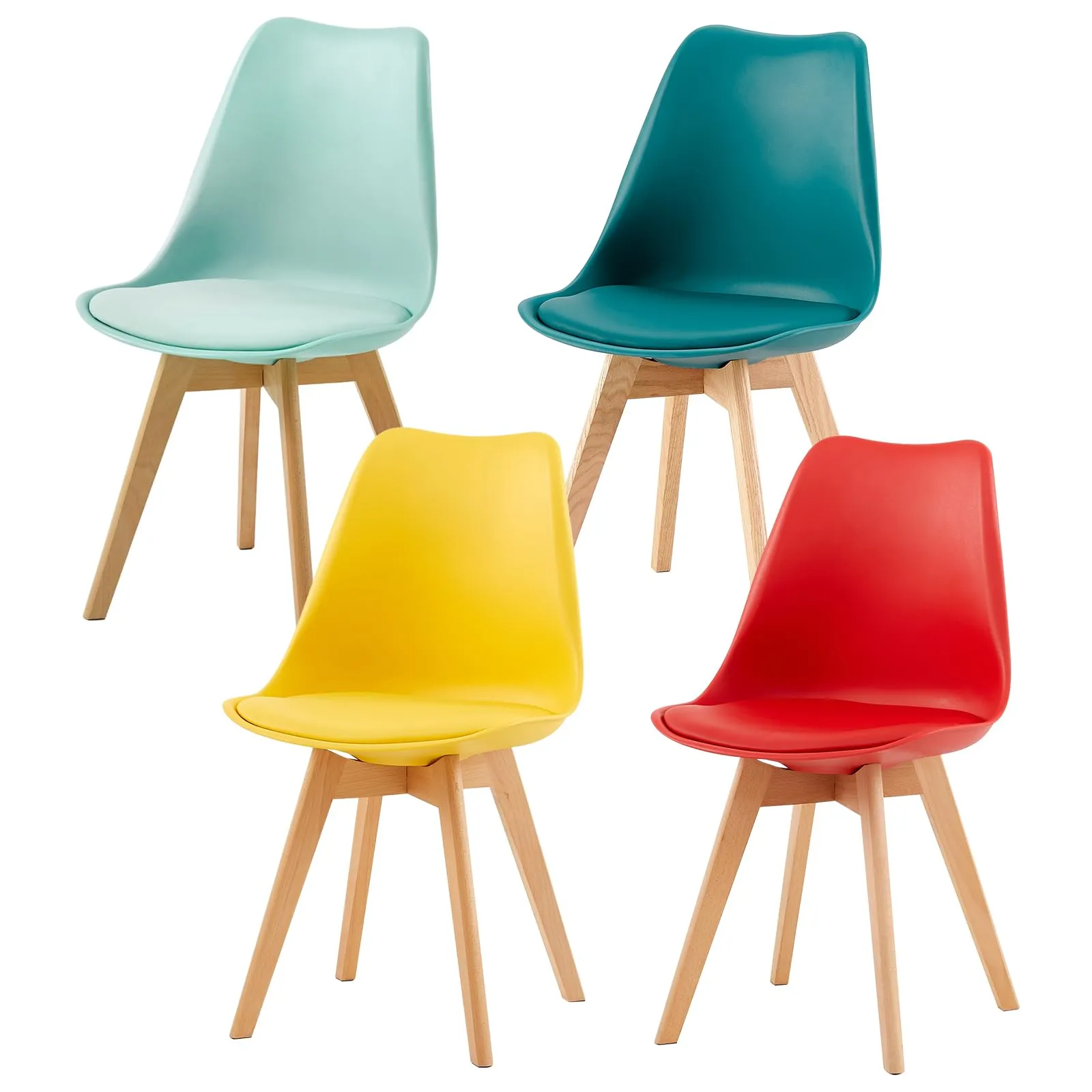 EGGREE Set di 4 Sedie da Sala da Pranzo, Gambe in Faggio Massiccio e Schienale in Plastica con Cuscino in PU, Giallo+Rosso+Verde Menta+Turchese - immagine 1