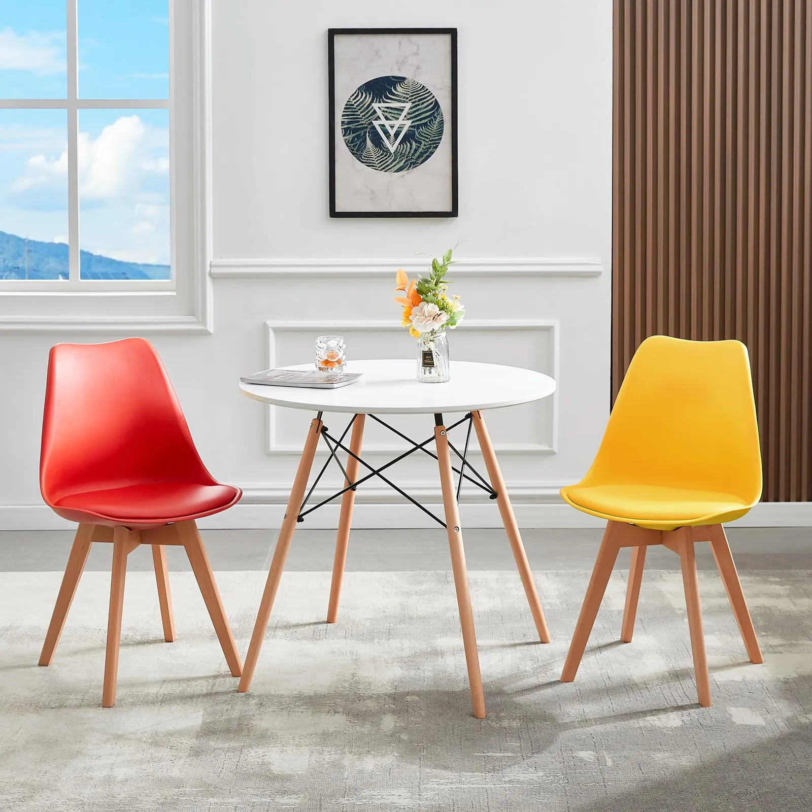 EGGREE Set di 4 Sedie da Sala da Pranzo, Gambe in Faggio Massiccio e Schienale in Plastica con Cuscino in PU, Giallo+Rosso+Verde Menta+Turchese - immagine 9