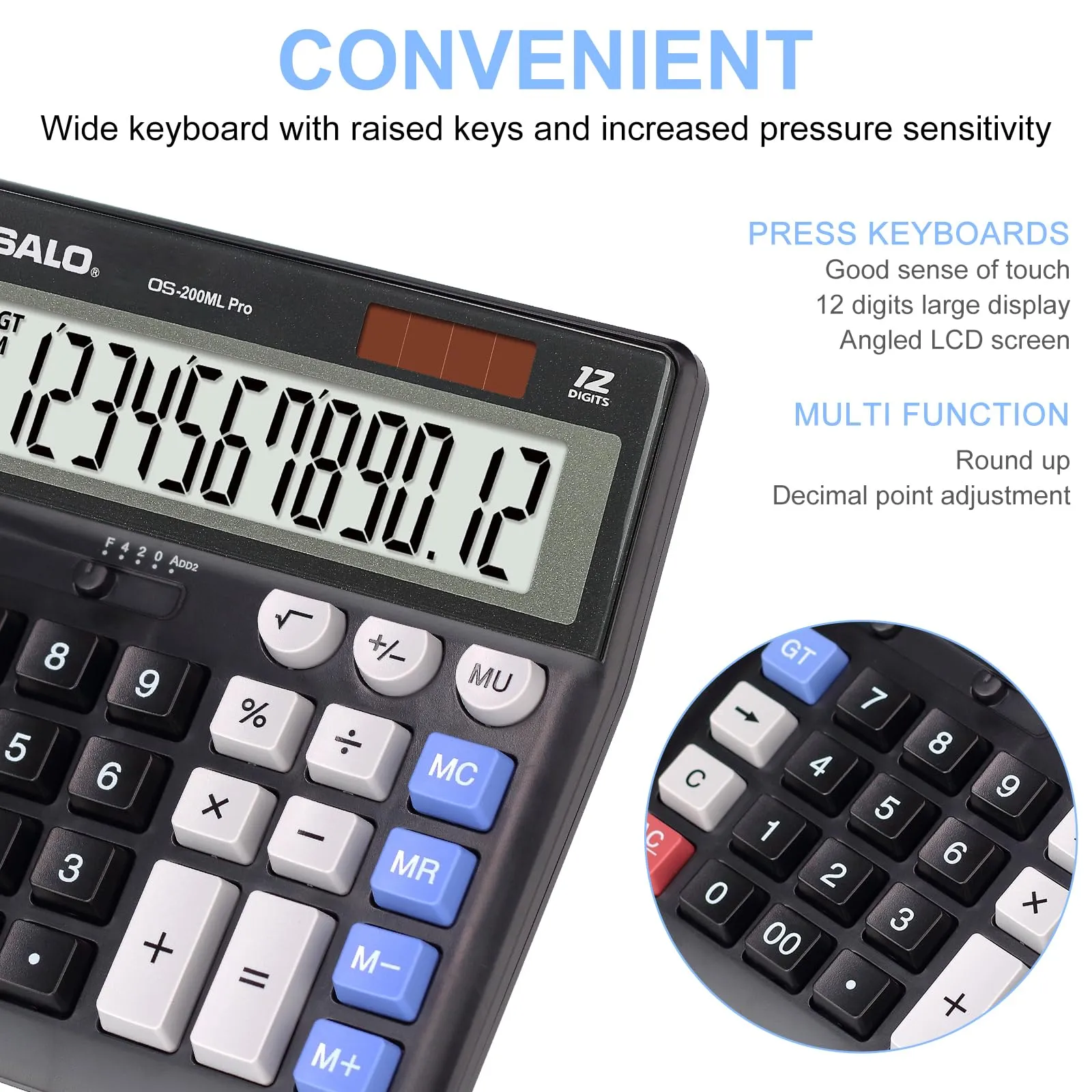 OSALO Calcolatrice da Scrivania, 12 Cifre, Display Extra Grande, Alimentazione a Batteria e Solare - immagine 2