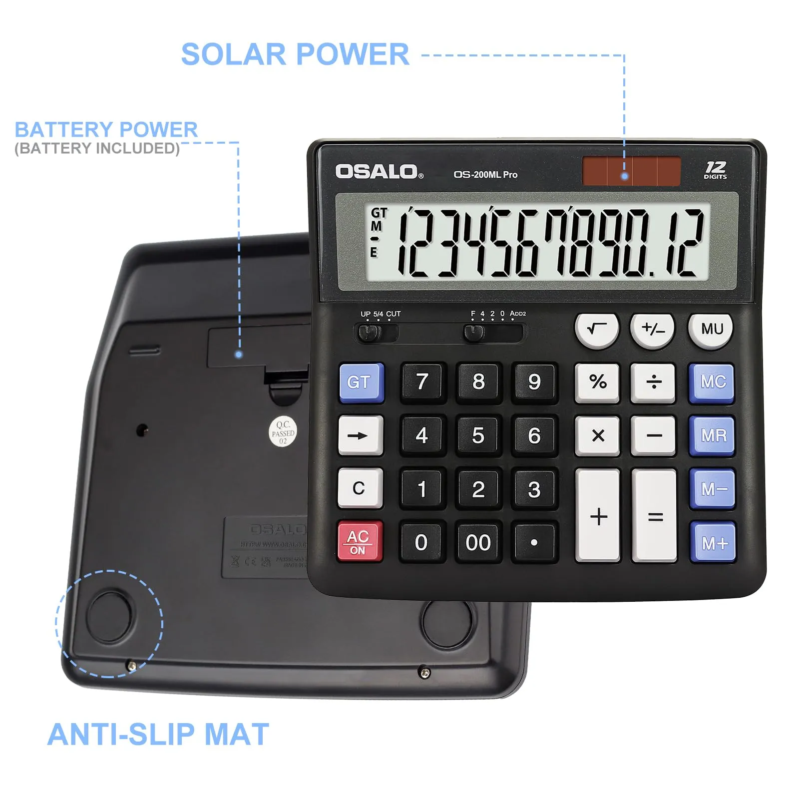 OSALO Calcolatrice da Scrivania, 12 Cifre, Display Extra Grande, Alimentazione a Batteria e Solare - immagine 5