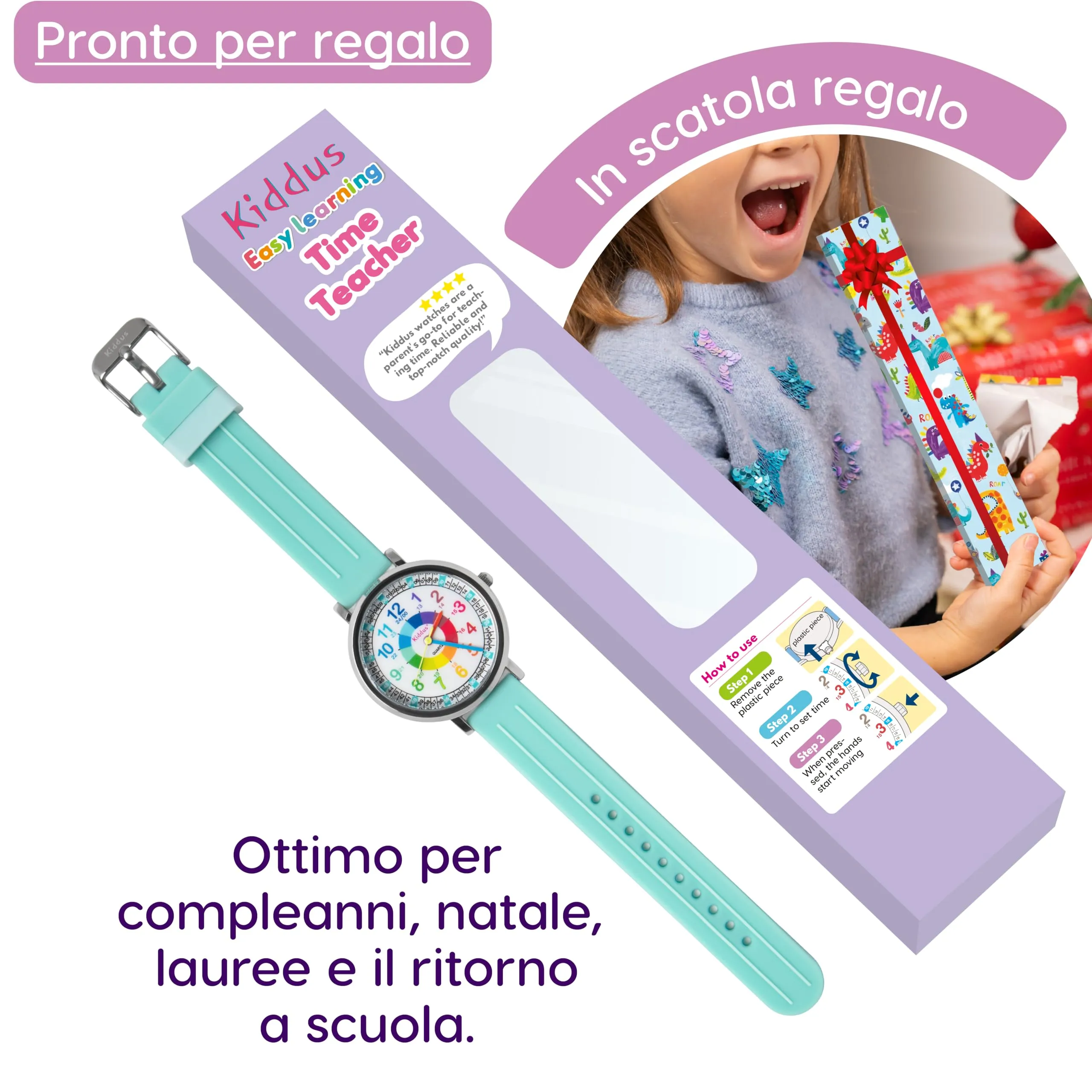 Kiddus Orologio Educativo Analogico per Bambini dai 5 Anni, 5ATM - immagine 4
