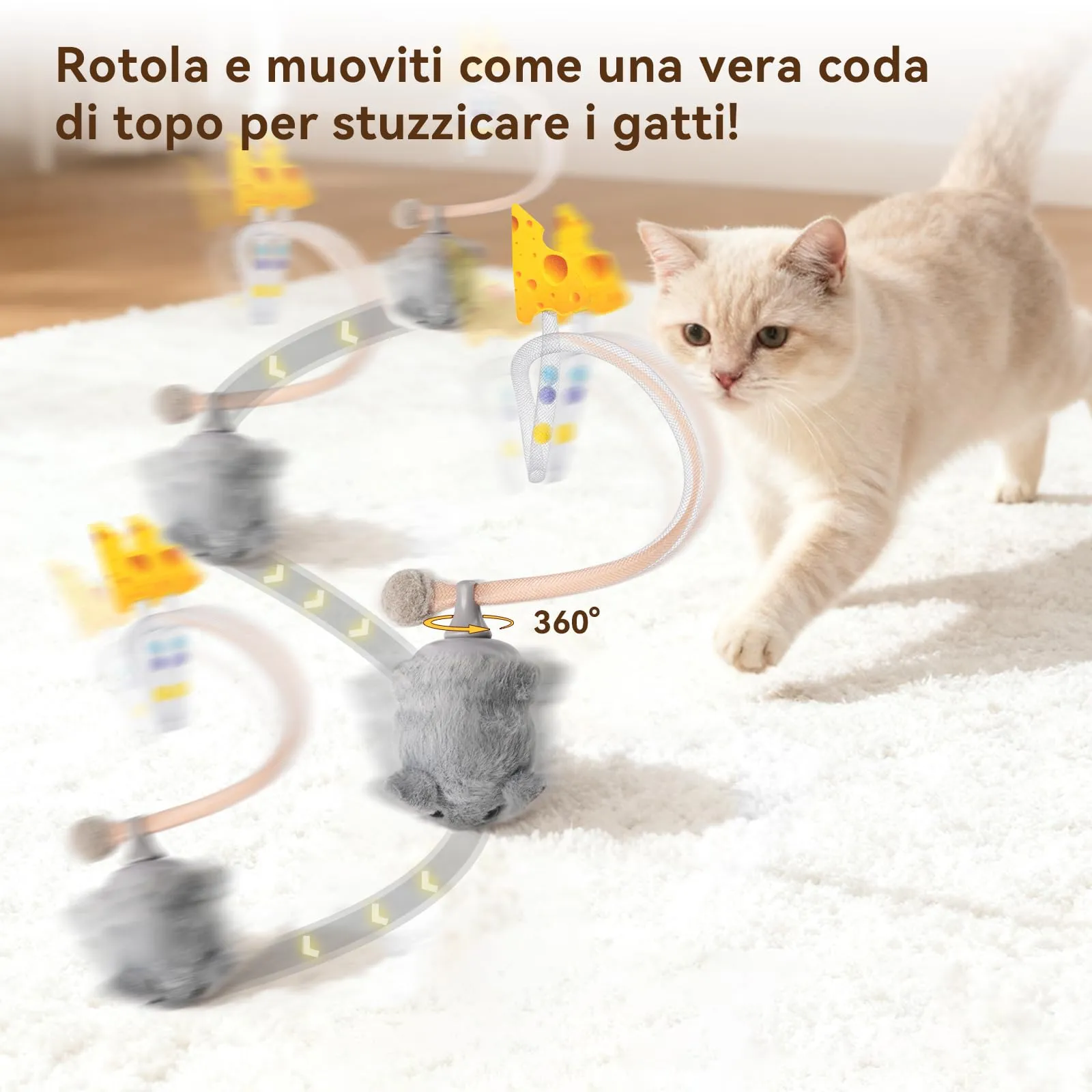 Migipaws Giocattolo Interattivo per Gatti, Topolino Elettrico Ricaricabile con Sensore Intelligente, Coda Mobile e Squittio, con Erba Gatta - immagine 2