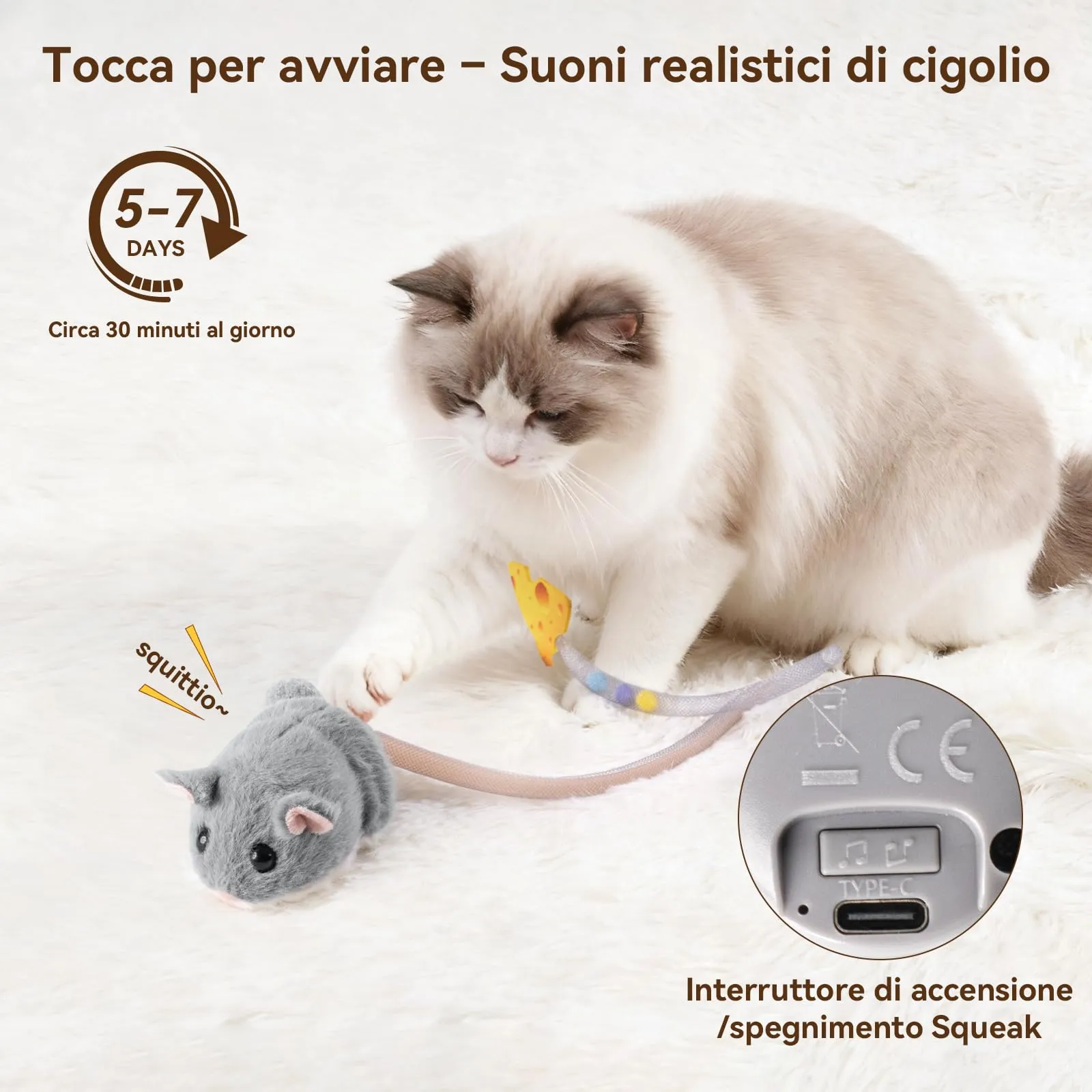 Migipaws Giocattolo Interattivo per Gatti, Topolino Elettrico Ricaricabile con Sensore Intelligente, Coda Mobile e Squittio, con Erba Gatta - immagine 3