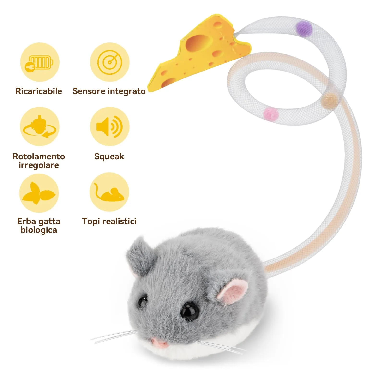 Migipaws Giocattolo Interattivo per Gatti, Topolino Elettrico Ricaricabile con Sensore Intelligente, Coda Mobile e Squittio, con Erba Gatta - immagine 4