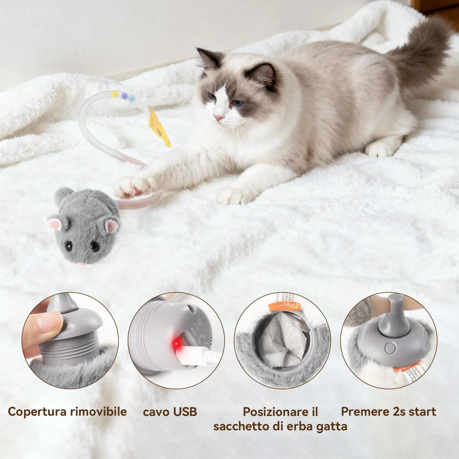 Migipaws Giocattolo Interattivo per Gatti, Topolino Elettrico Ricaricabile con Sensore Intelligente, Coda Mobile e Squittio, con Erba Gatta - immagine 6