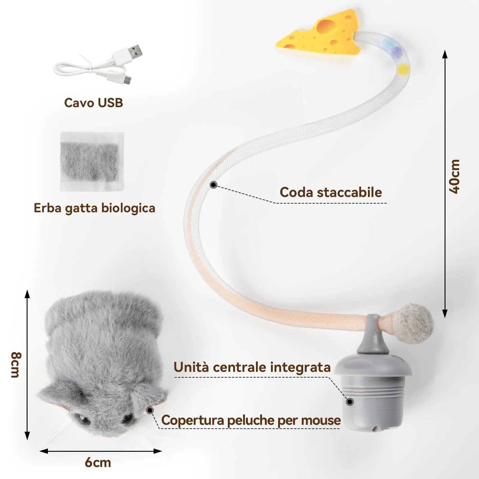 Migipaws Giocattolo Interattivo per Gatti, Topolino Elettrico Ricaricabile con Sensore Intelligente, Coda Mobile e Squittio, con Erba Gatta - immagine 7