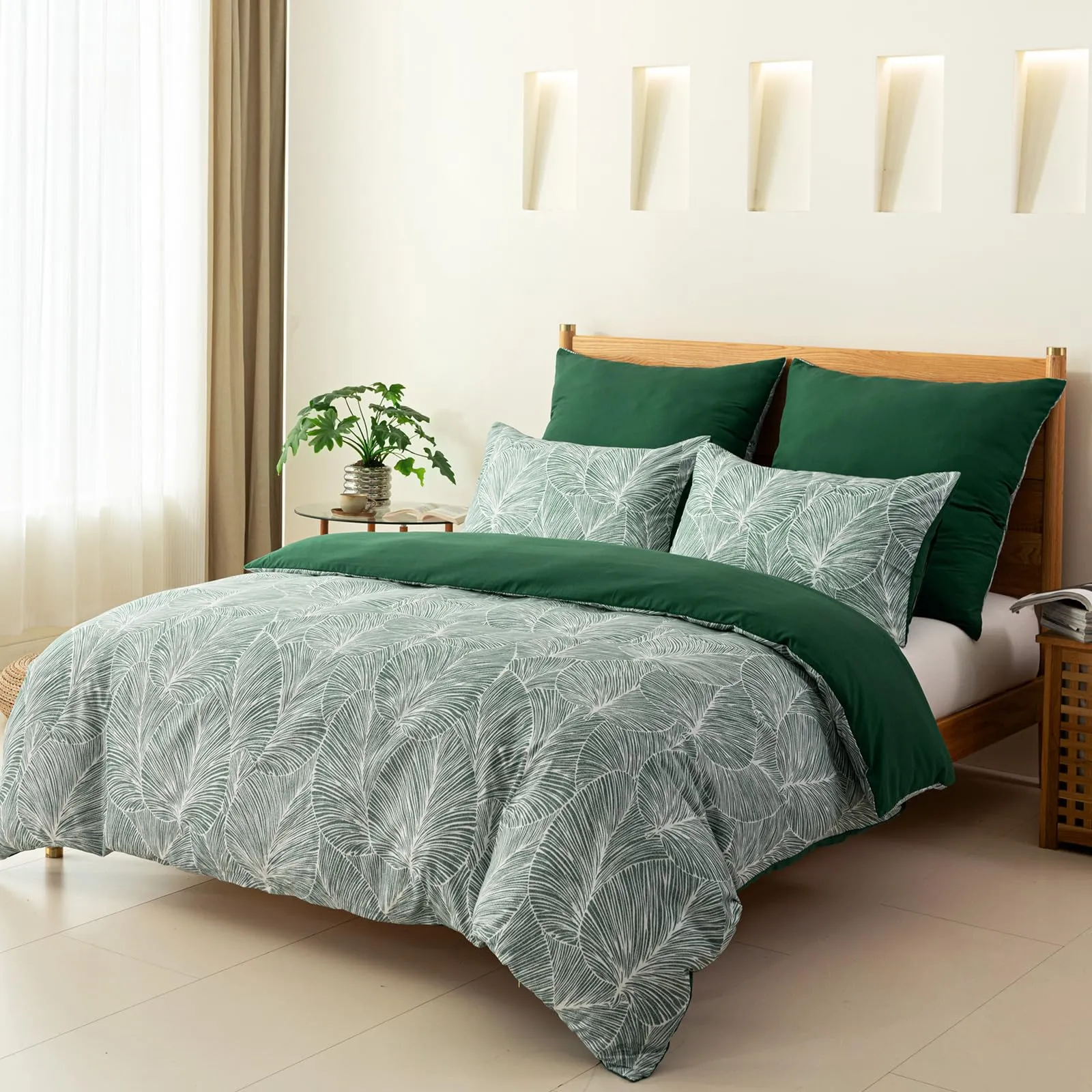 Tokokimo Set Copripiumino Matrimoniale 3 Pezzi, Microfibra con Motivo a Ramoscelli e Foglie, 260x240 cm, Verde Scuro - immagine 2