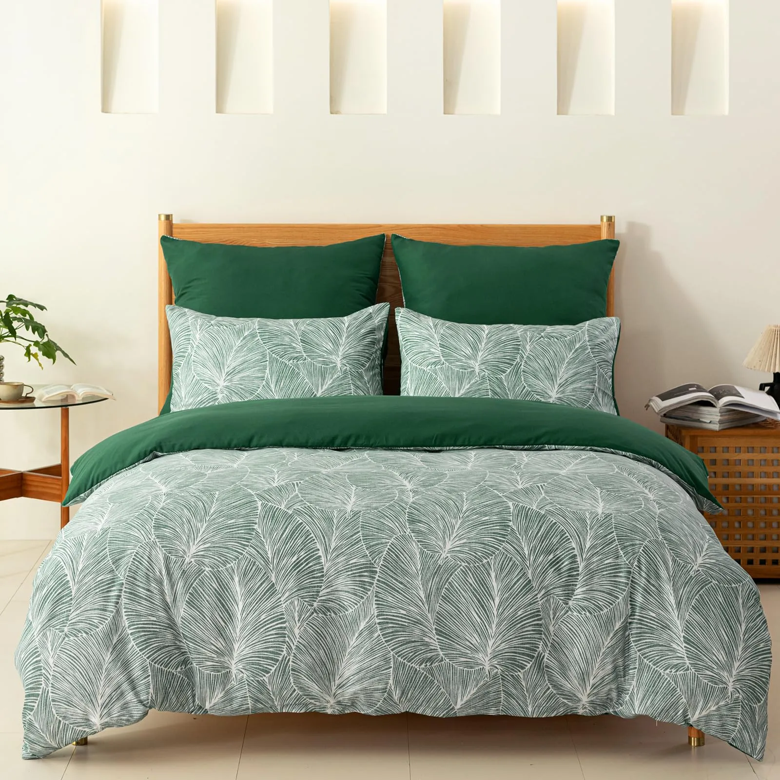 Tokokimo Set Copripiumino Matrimoniale 3 Pezzi, Microfibra con Motivo a Ramoscelli e Foglie, 260x240 cm, Verde Scuro - immagine 3