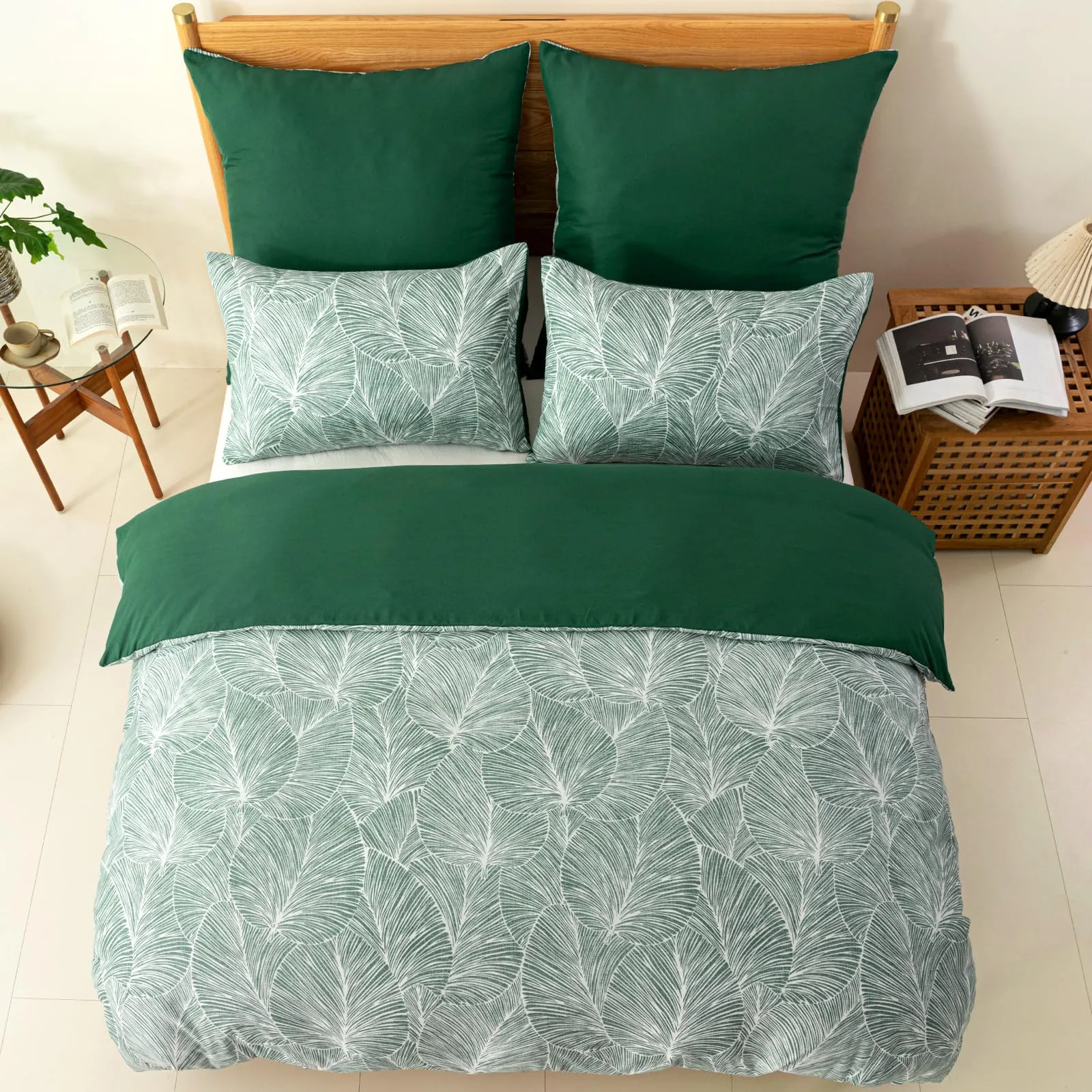 Tokokimo Set Copripiumino Matrimoniale 3 Pezzi, Microfibra con Motivo a Ramoscelli e Foglie, 260x240 cm, Verde Scuro - immagine 4