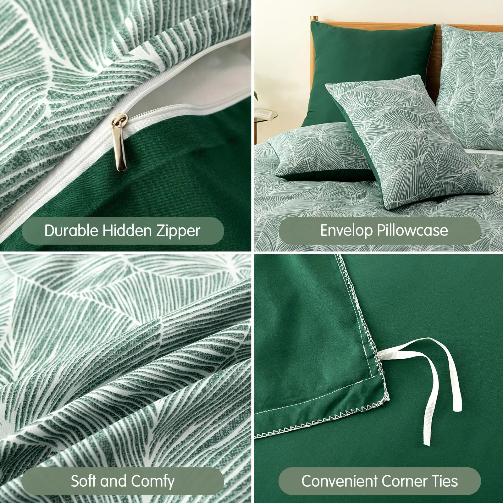 Tokokimo Set Copripiumino Matrimoniale 3 Pezzi, Microfibra con Motivo a Ramoscelli e Foglie, 260x240 cm, Verde Scuro - immagine 6