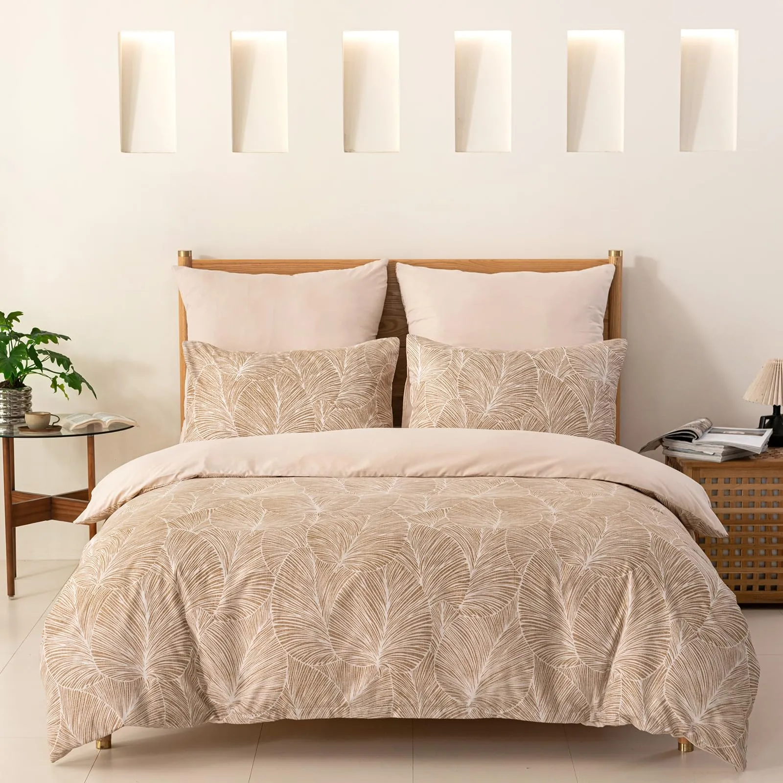Tokokimo Set Copripiumino Matrimoniale 3 Pezzi in Microfibra con Motivo a Ramoscelli e Foglie, 260x240 cm, Khaki - immagine 3