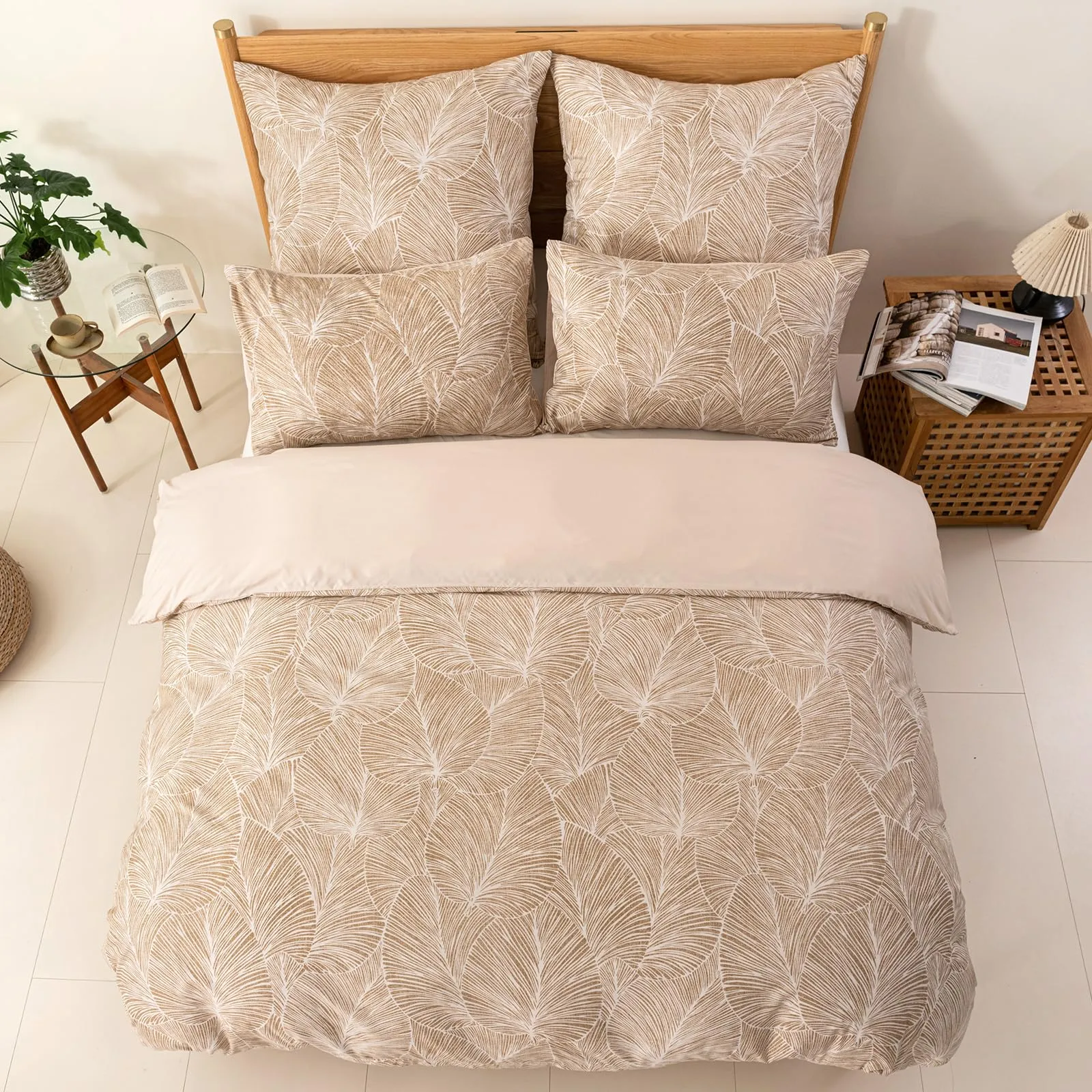 Tokokimo Set Copripiumino Matrimoniale 3 Pezzi in Microfibra con Motivo a Ramoscelli e Foglie, 260x240 cm, Khaki - immagine 4