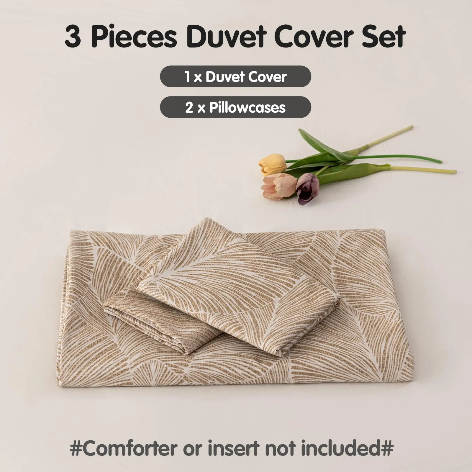 Tokokimo Set Copripiumino Matrimoniale 3 Pezzi in Microfibra con Motivo a Ramoscelli e Foglie, 260x240 cm, Khaki - immagine 7