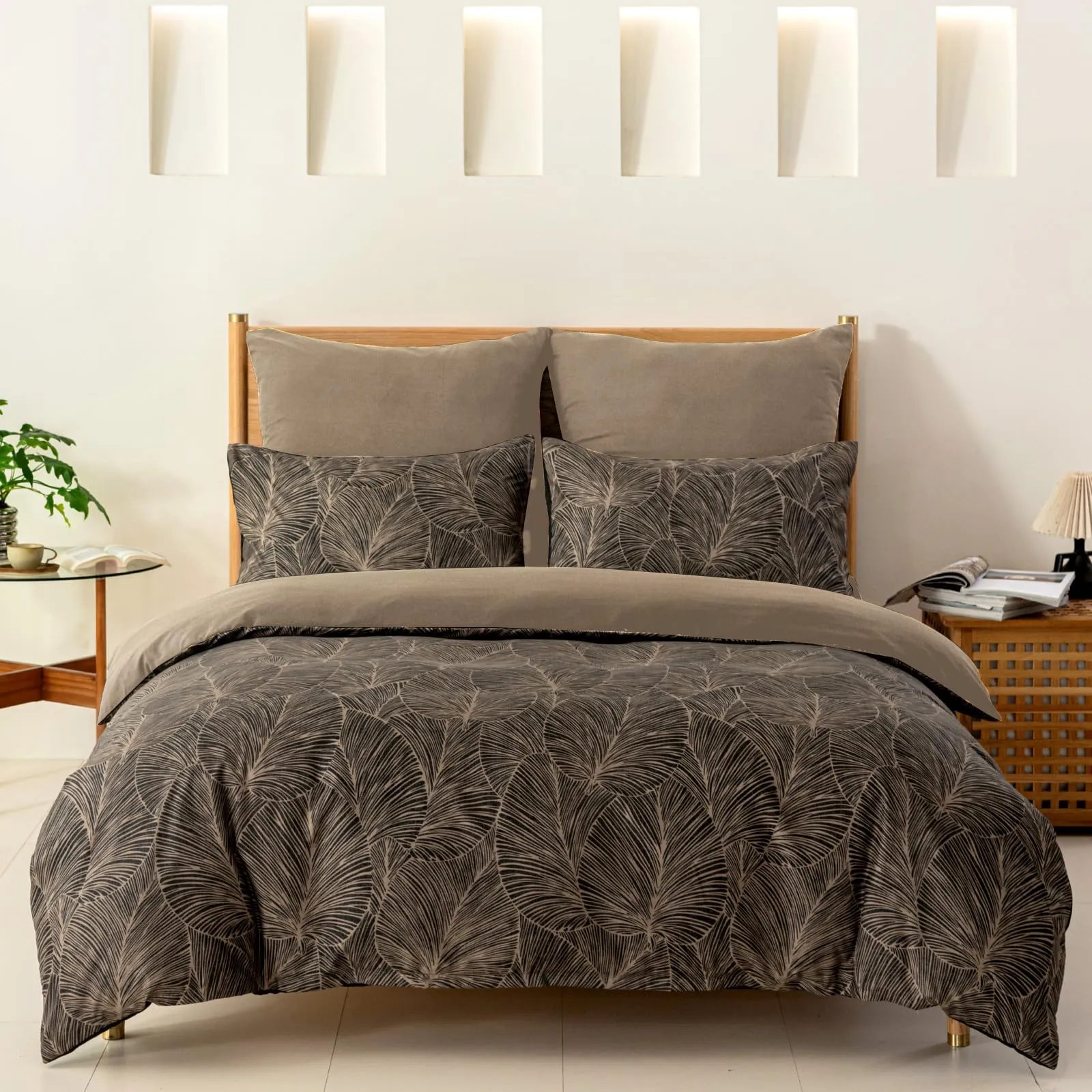 Tokokimo Set Copripiumino Matrimoniale 3 Pezzi in Microfibra con Motivo a Ramoscelli e Foglie, 260x240 cm, Marrone Scuro - immagine 3