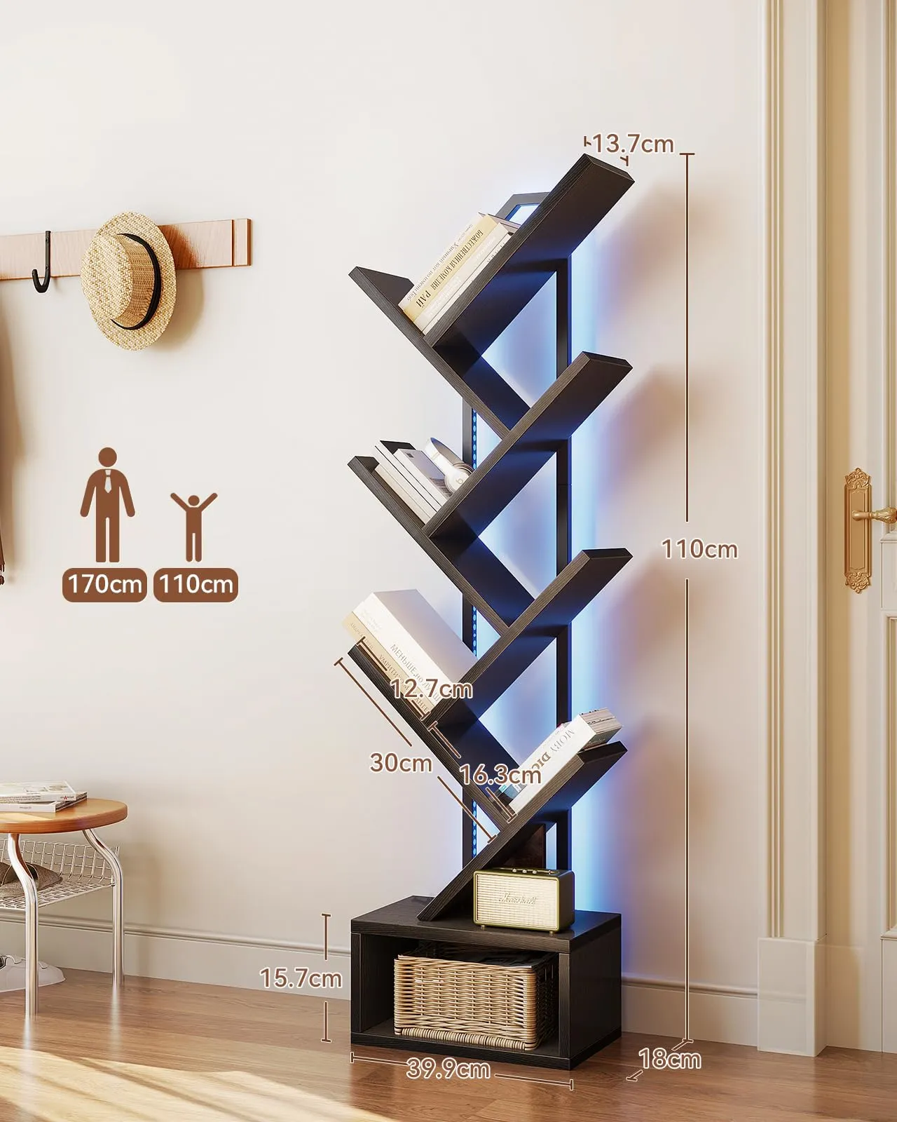 Coleshome Libreria ad Albero LED, Scaffale a 6 Ripiani 110cm Nero - immagine 2