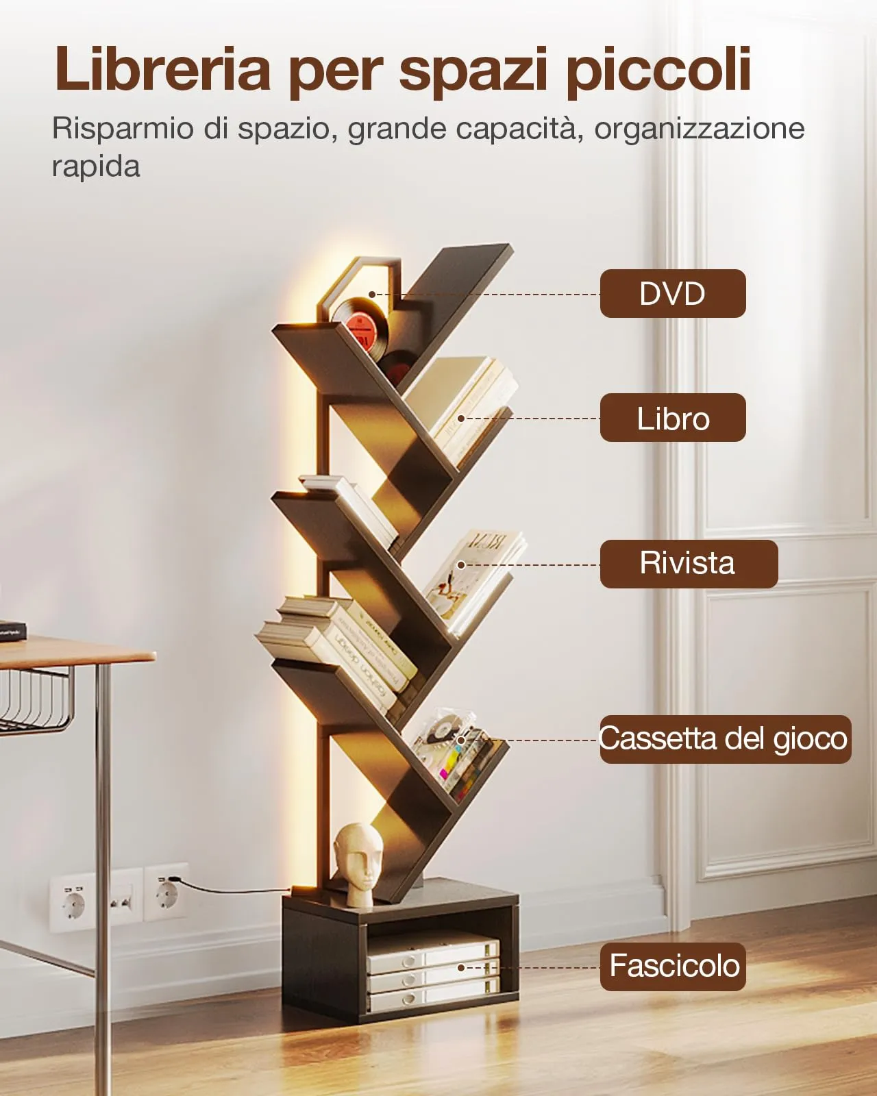 Coleshome Libreria ad Albero LED, Scaffale a 6 Ripiani 110cm Nero - immagine 4