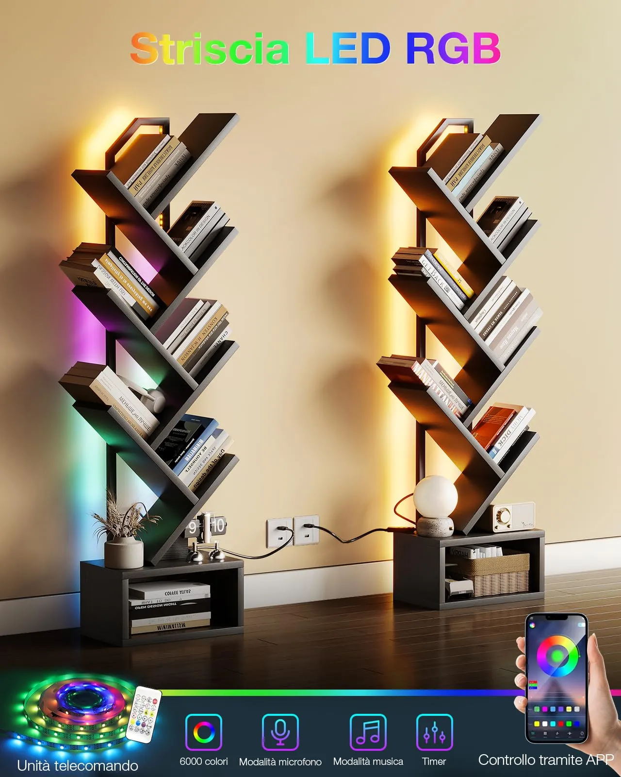 Coleshome Libreria ad Albero LED, Scaffale a 6 Ripiani 110cm Nero - immagine 6