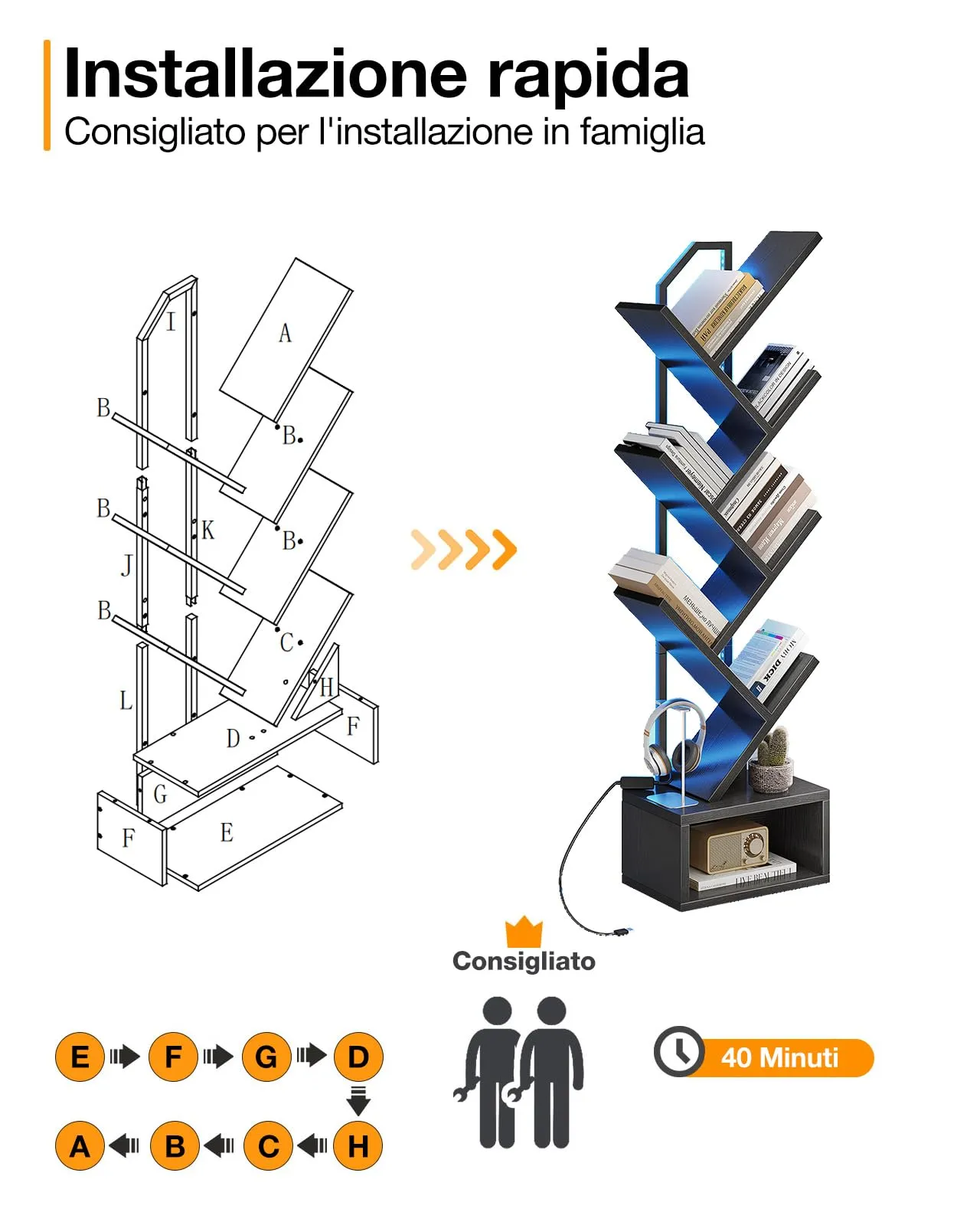 Coleshome Libreria ad Albero LED, Scaffale a 6 Ripiani 110cm Nero - immagine 8