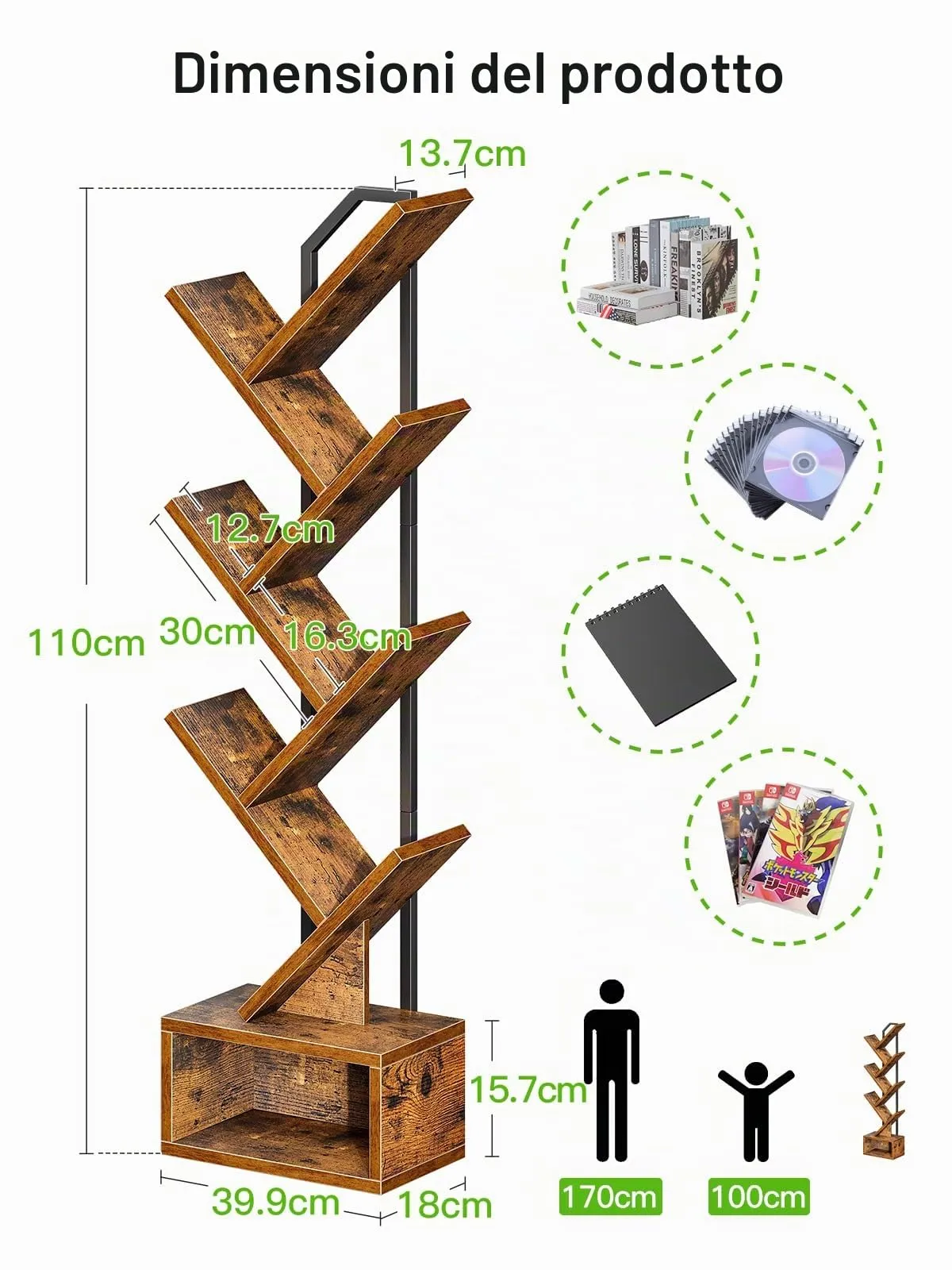 Coleshome Libreria ad Albero, Scaffale a 6 Ripiani 110cm, Marrone - immagine 3