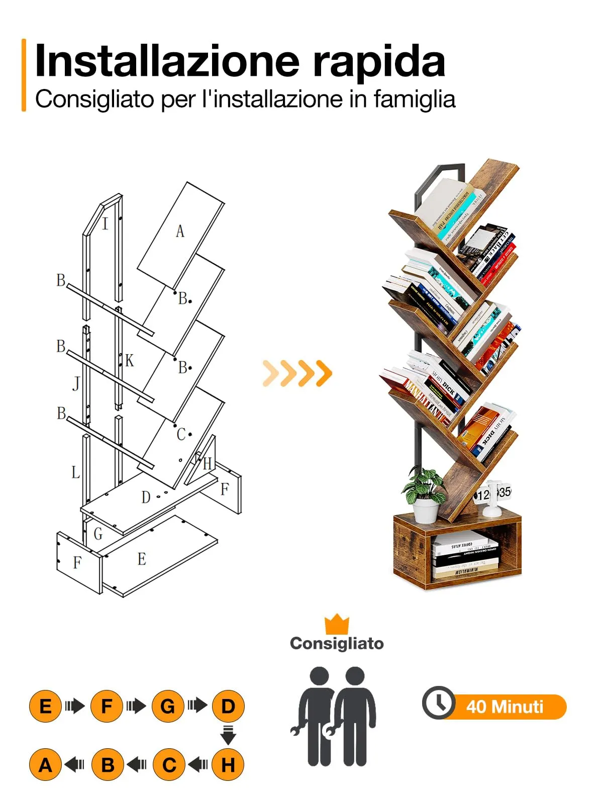 Coleshome Libreria ad Albero, Scaffale a 6 Ripiani 110cm, Marrone - immagine 9