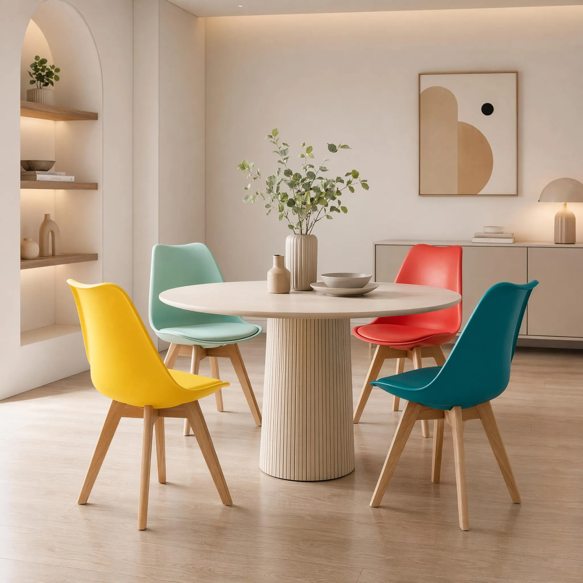 EGGREE Set di 8 Sedie da Sala da Pranzo e Cucina in Faggio Massiccio e PU, Design Moderno Scandinavo, 2 Giallo, 2 Rosso, 2 Verde Menta, 2 Turchese - immagine 2