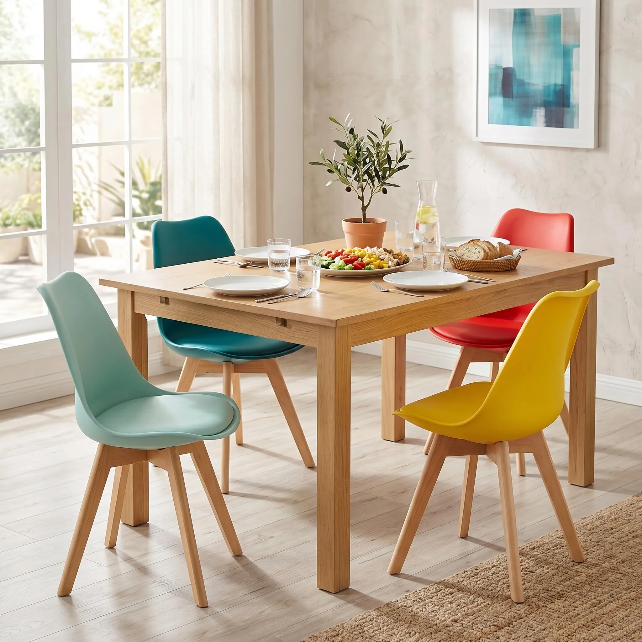 EGGREE Set di 8 Sedie da Sala da Pranzo e Cucina in Faggio Massiccio e PU, Design Moderno Scandinavo, 2 Giallo, 2 Rosso, 2 Verde Menta, 2 Turchese - immagine 5