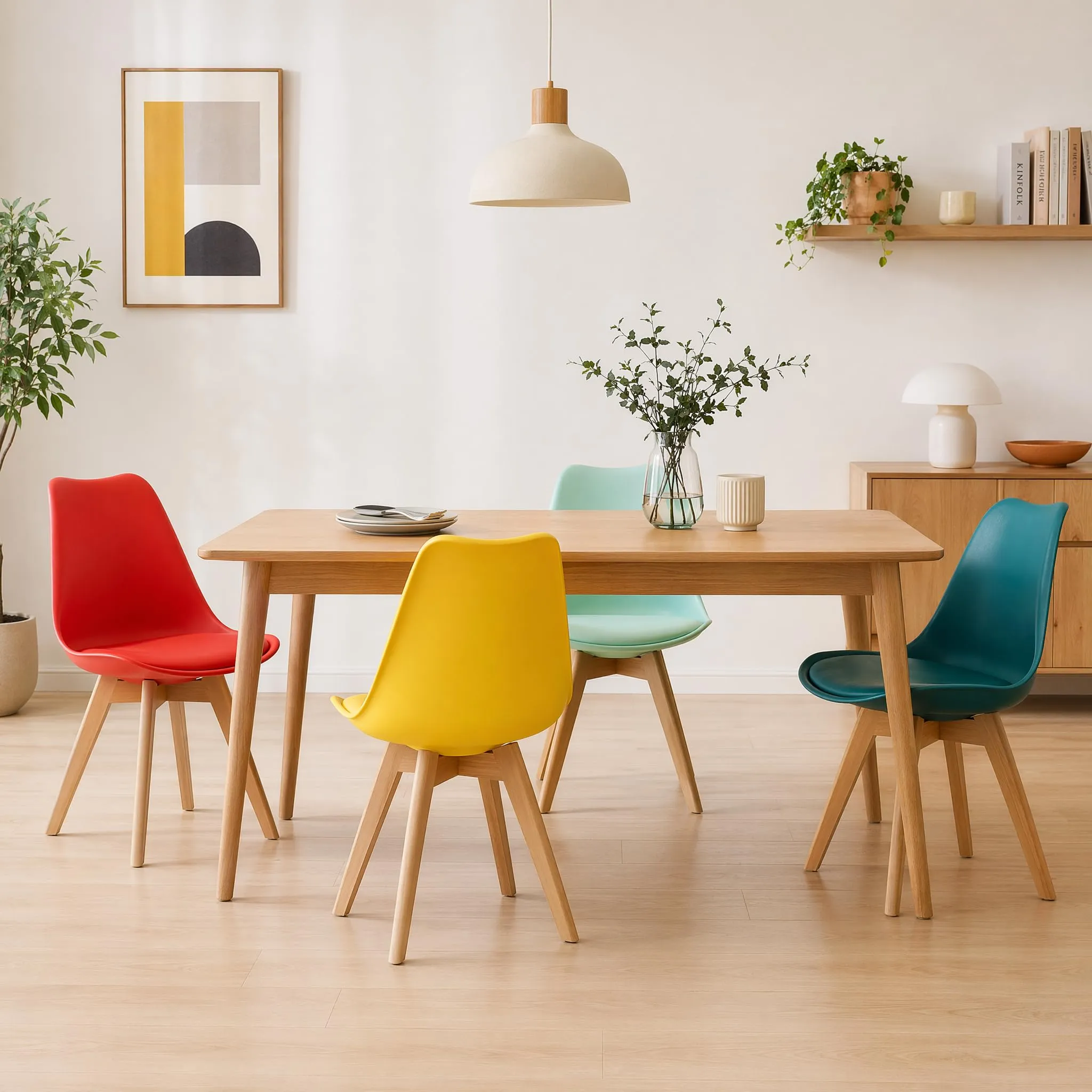 EGGREE Set di 8 Sedie da Sala da Pranzo e Cucina in Faggio Massiccio e PU, Design Moderno Scandinavo, 2 Giallo, 2 Rosso, 2 Verde Menta, 2 Turchese - immagine 6