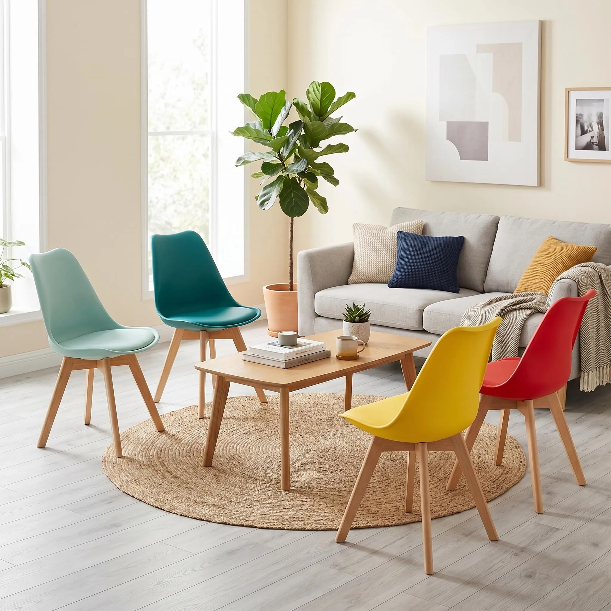 EGGREE Set di 8 Sedie da Sala da Pranzo e Cucina in Faggio Massiccio e PU, Design Moderno Scandinavo, 2 Giallo, 2 Rosso, 2 Verde Menta, 2 Turchese - immagine 7
