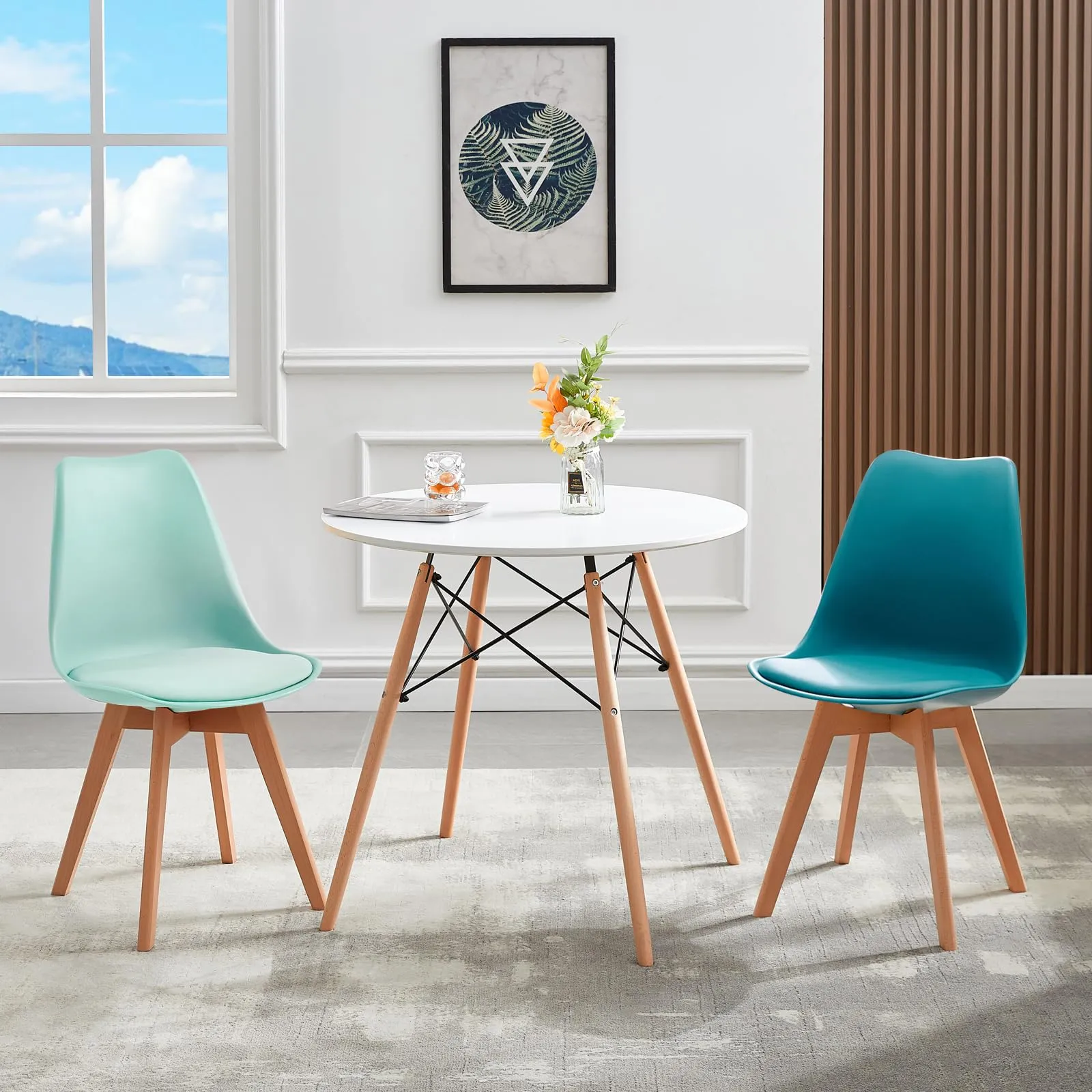 EGGREE Set di 8 Sedie da Sala da Pranzo e Cucina in Faggio Massiccio e PU, Design Moderno Scandinavo, 2 Giallo, 2 Rosso, 2 Verde Menta, 2 Turchese - immagine 8