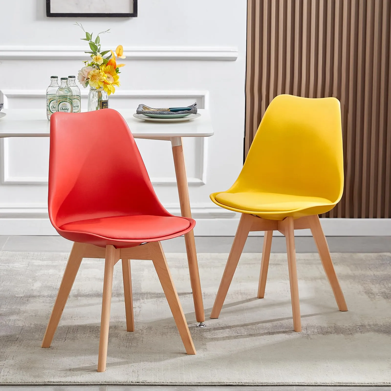 EGGREE Set di 8 Sedie da Sala da Pranzo e Cucina in Faggio Massiccio e PU, Design Moderno Scandinavo, 2 Giallo, 2 Rosso, 2 Verde Menta, 2 Turchese - immagine 9