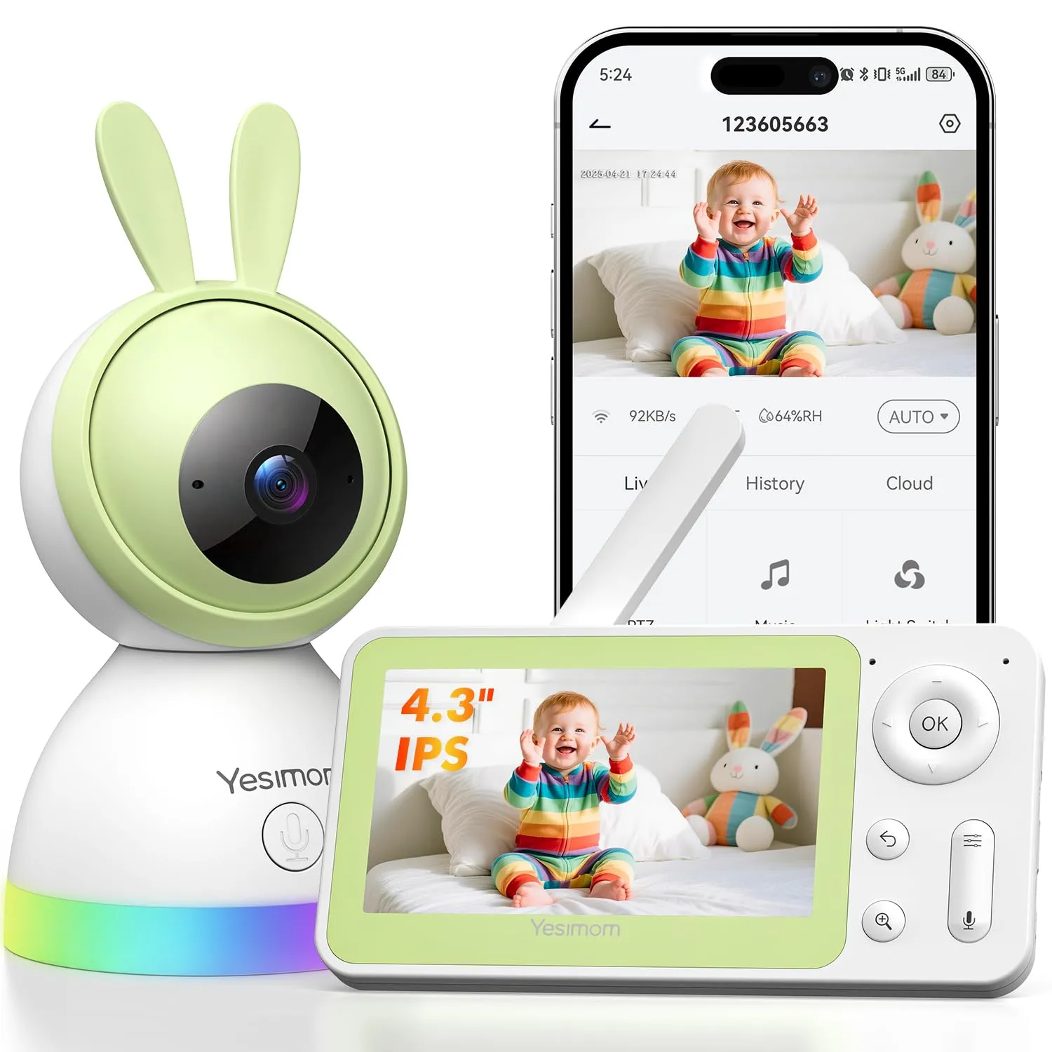 YESIMOM Baby Monitor WiFi 4.3", 360° PTZ Camera with Monitor - immagine 1