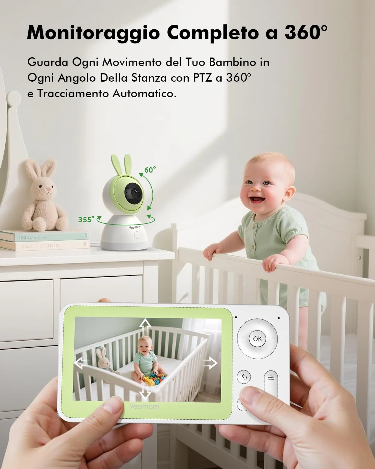 YESIMOM Baby Monitor WiFi 4.3", 360° PTZ Camera with Monitor - immagine 7