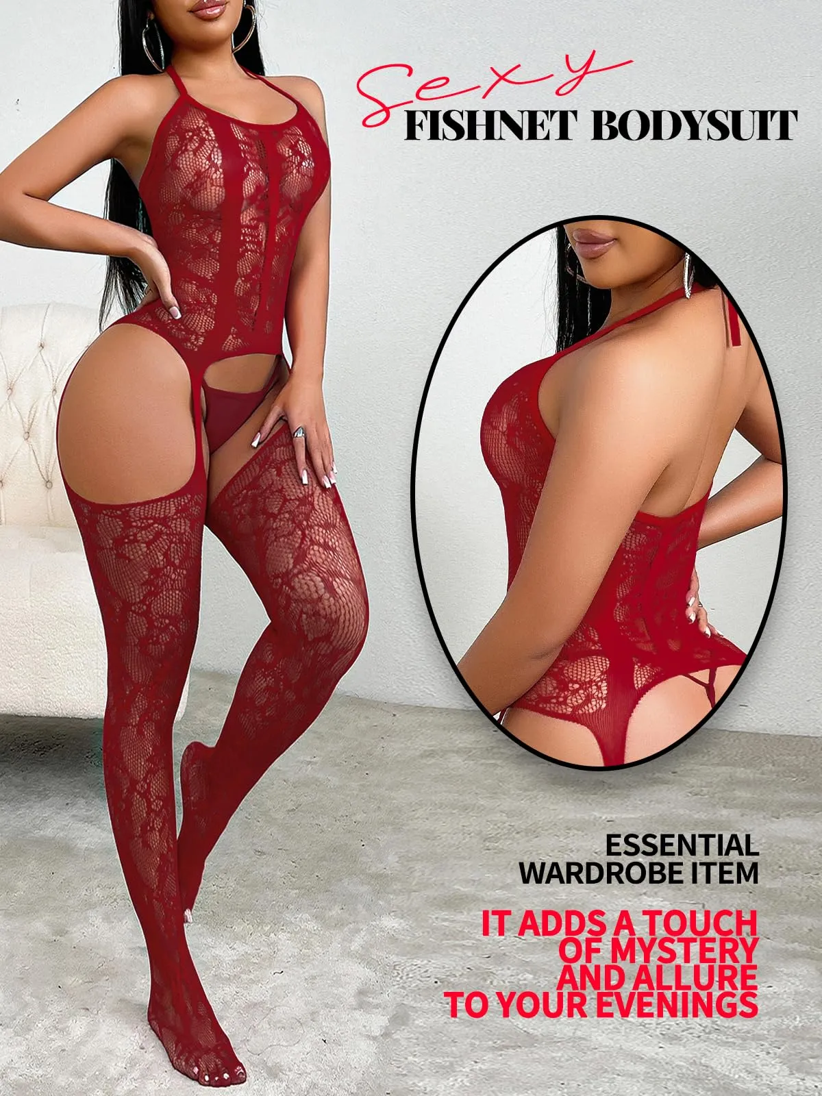 Buitifo Donna Fishnet Bodystocking Pigiama, Rosso Scuro GB, Taglia Unica - immagine 2