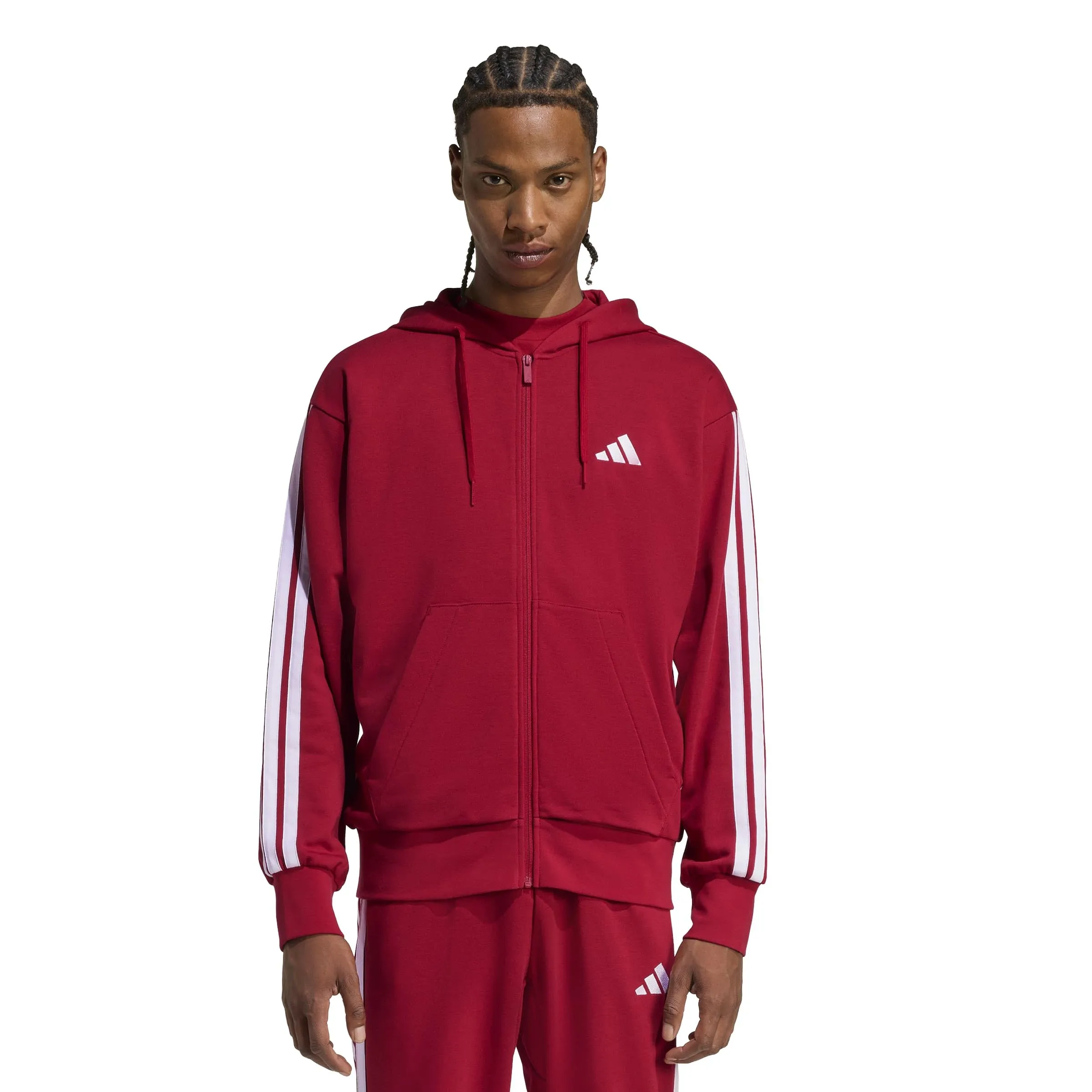 adidas Essential Three Stripes French Terry Fullzip Hoodie, Active Maroon/White, S - immagine 3